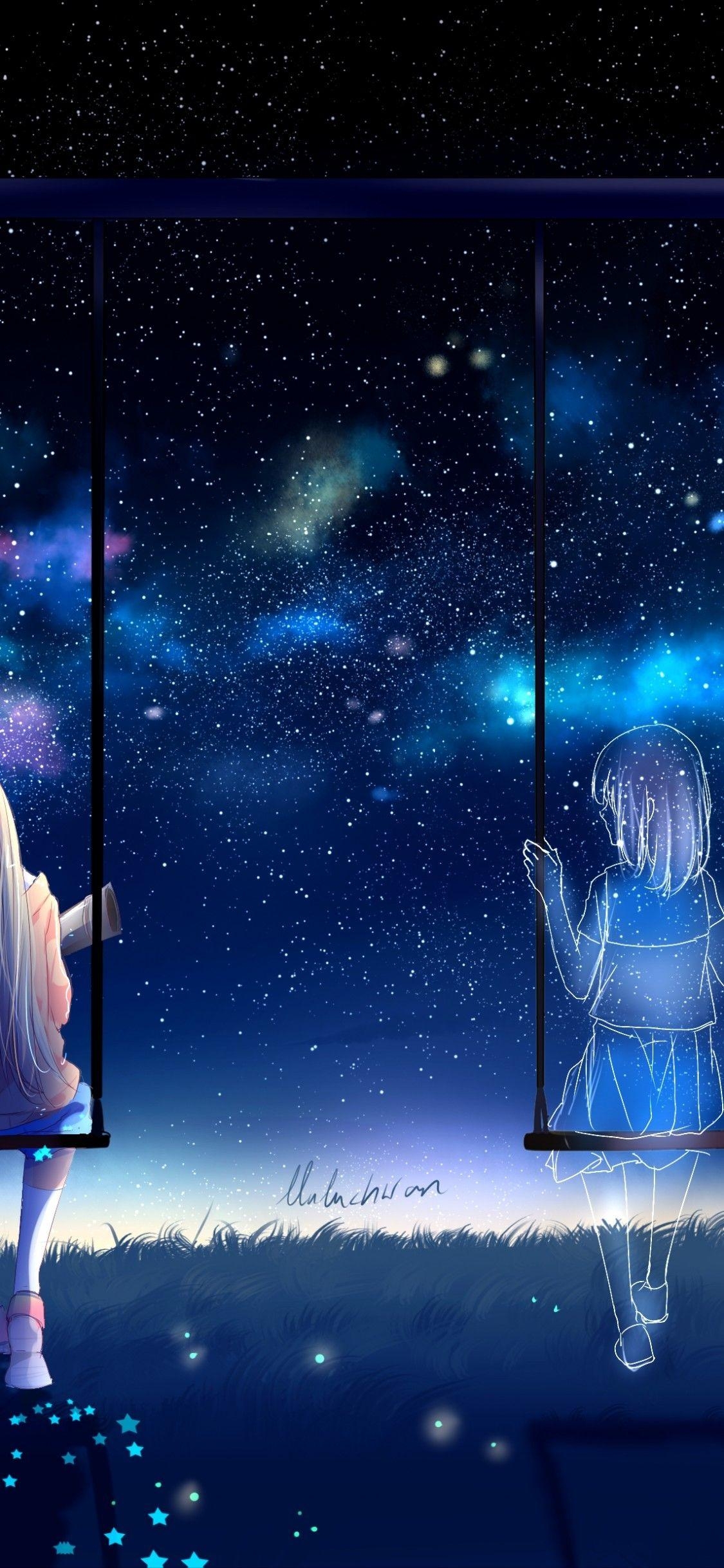 1130x2440 Download  Anime Girls, Swing, Friends, Stars, Lonely, Sky, Phone