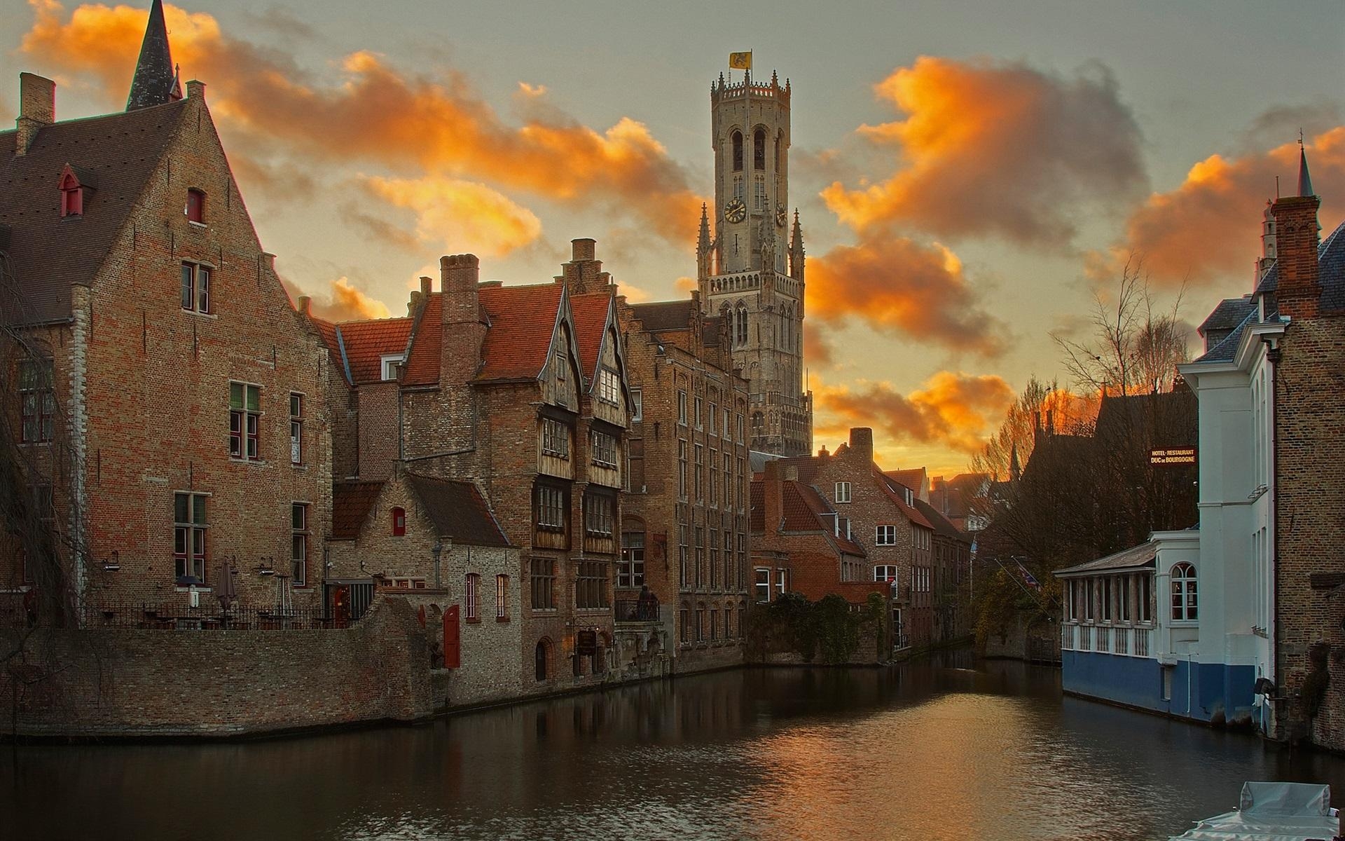 1920x1200 Wallpaper Bruges, Belgium, river, houses, clouds, dusk  HD, Desktop