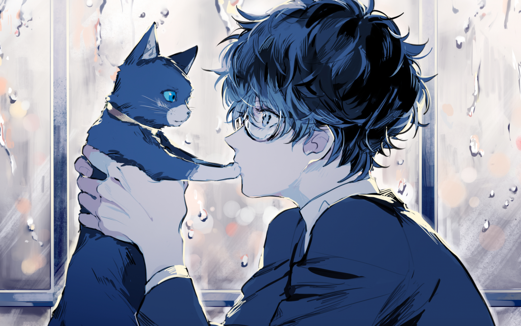 1680x1050 Download  Persona Kurusu Akira, Anime Boy, Cat, Glasses, Profile View, Cute Wallpaper for MacBook Pro 15 inch, Desktop