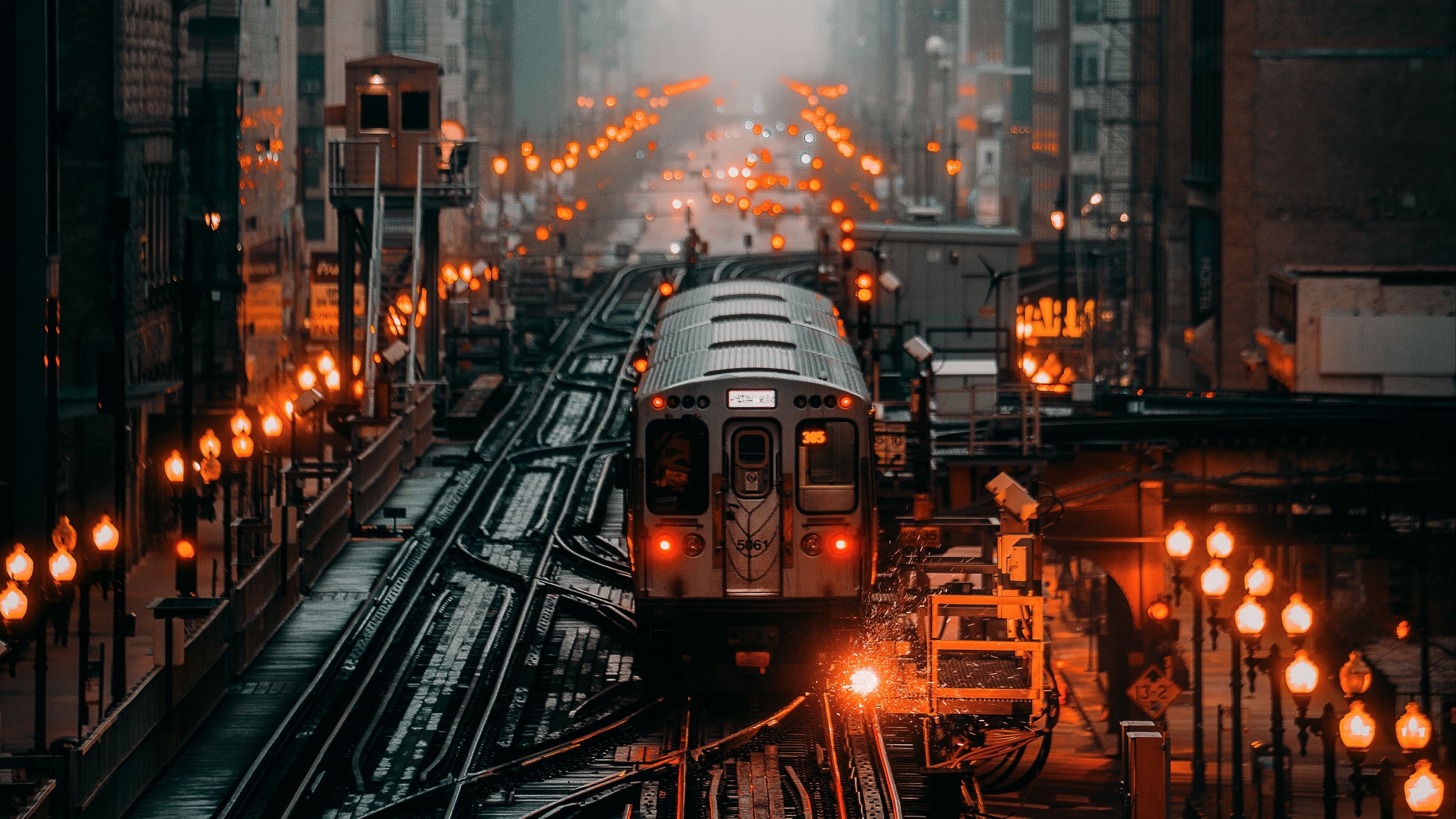 3840x2160 Download wallpaper  train, railroad, rails, city, fog 4k, Desktop