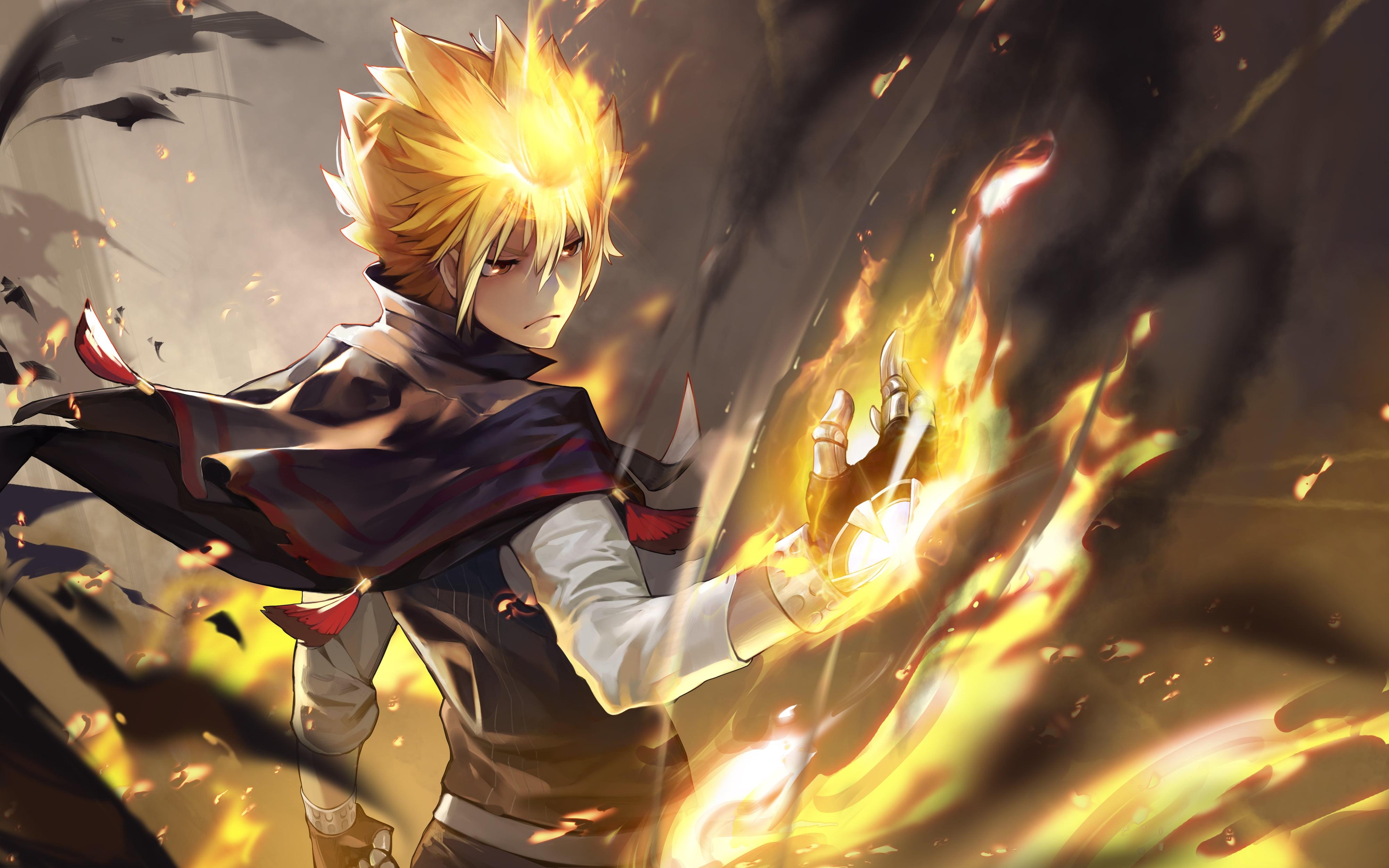 4000x2500 Yellow haired anime character, blonde, cape, fire, Katekyo, Desktop