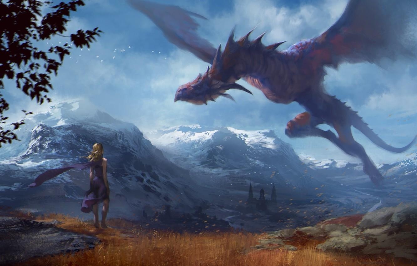 1340x850 Wallpaper flight, mountains, dragon, Girl, Art, game of thrones, Desktop