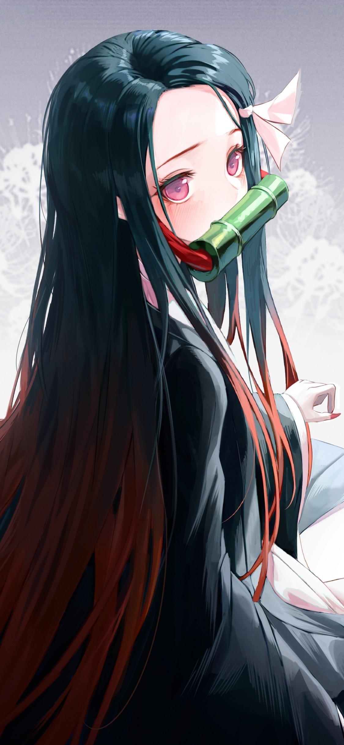 1130x2440 Download  Kamado Nezuko, Cute, Long Hair, Black, Phone