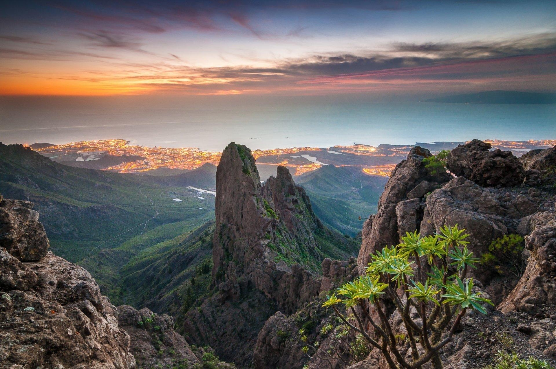 1920x1280 canary islands atlantic ocean sky clouds mountain rock town lights, Desktop