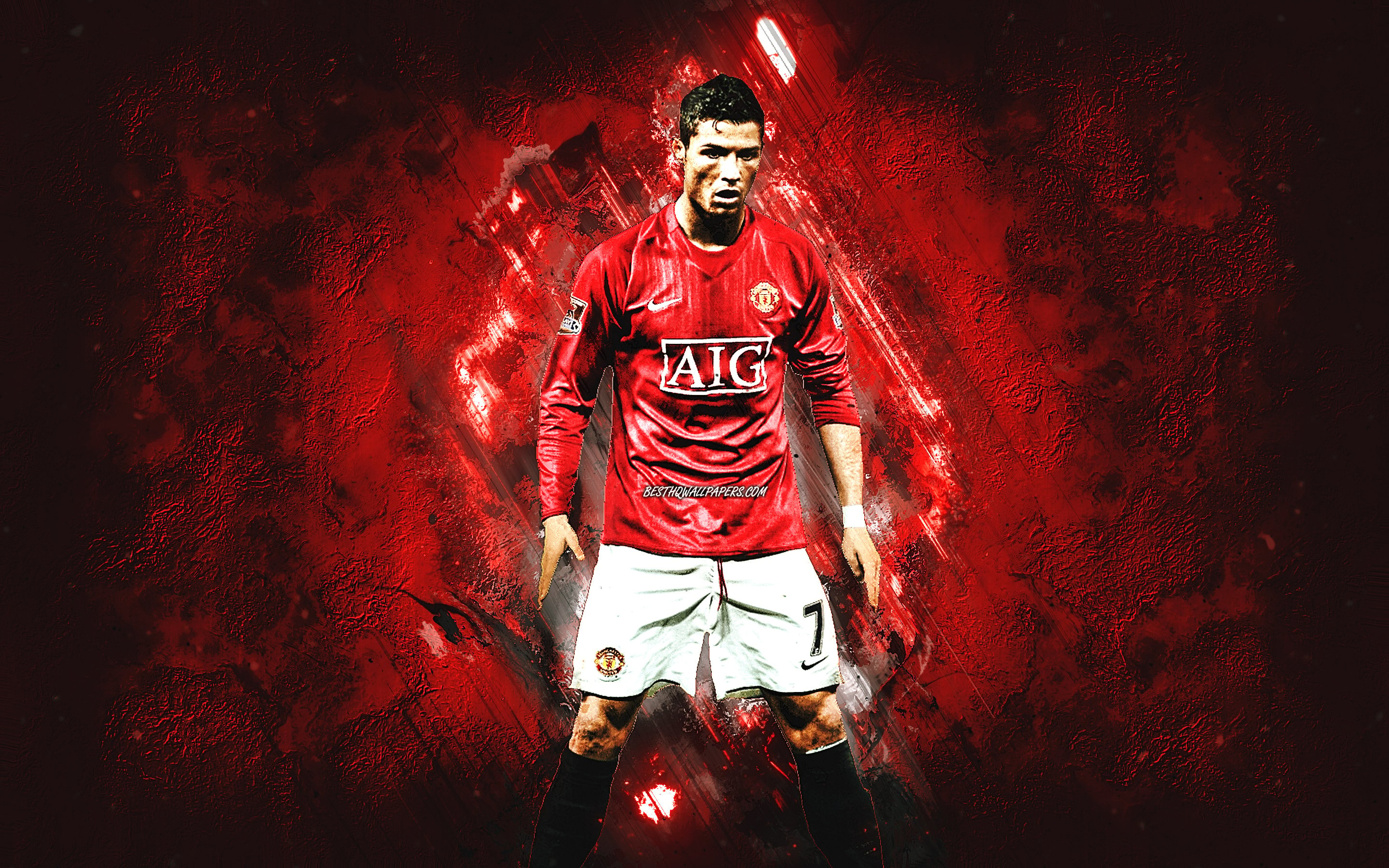 2880x1800 Download wallpaper Cristiano Ronaldo, CR Manchester United FC, young Ronaldo, Premier League, red stone background, football, grunge art, England for desktop with resolution. High Quality HD picture wallpaper, Desktop