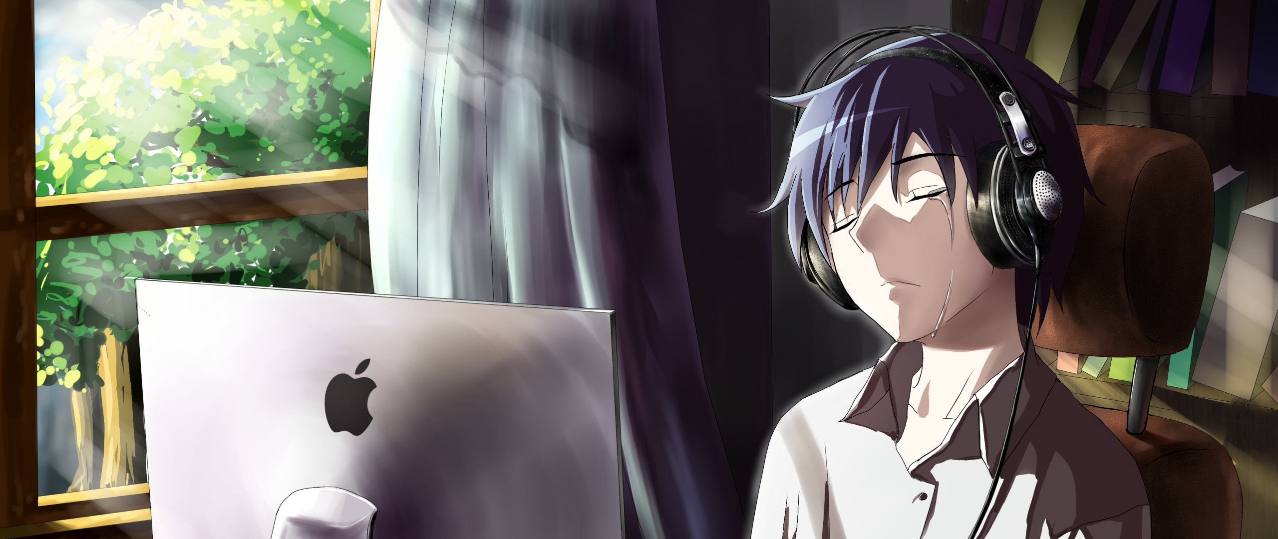 2560x1080 Anime Boy Crying In Front Of Apple Laptop, HD Anime, 4k Wallpaper, Image, Background, Photo and Picture, Dual Screen