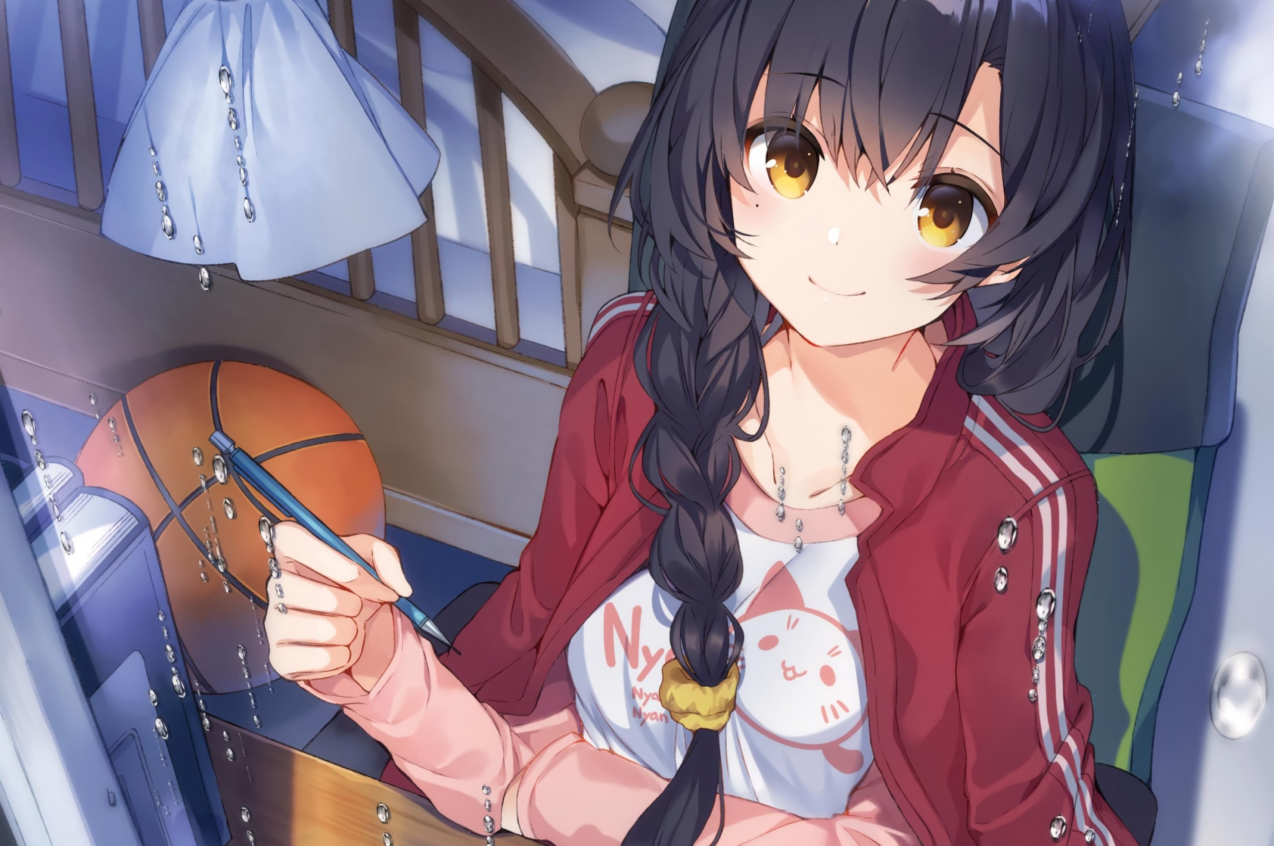 2560x1700 Download  Cute Anime Girl, Braid, Studying, Jacket, Basketball Wallpaper for Chromebook Pixel, Desktop