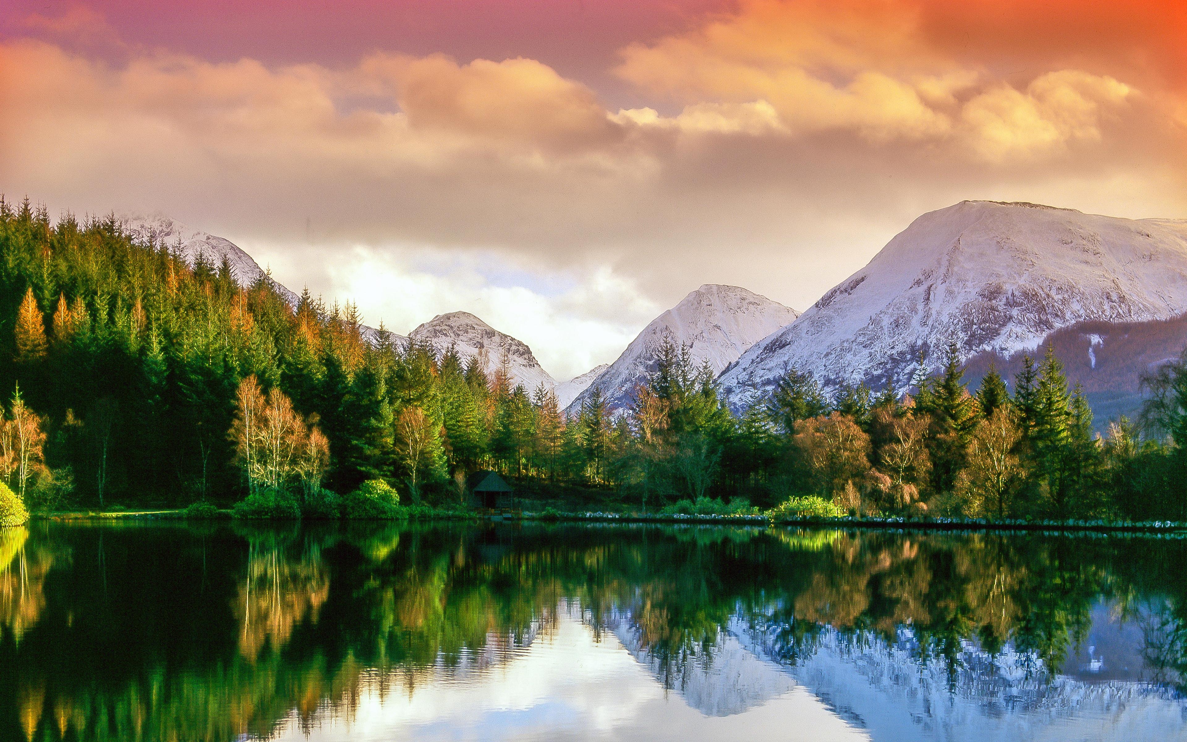 3840x2400 Download wallpaper Glencoe Lochan, 4k, forest, lake, Desktop