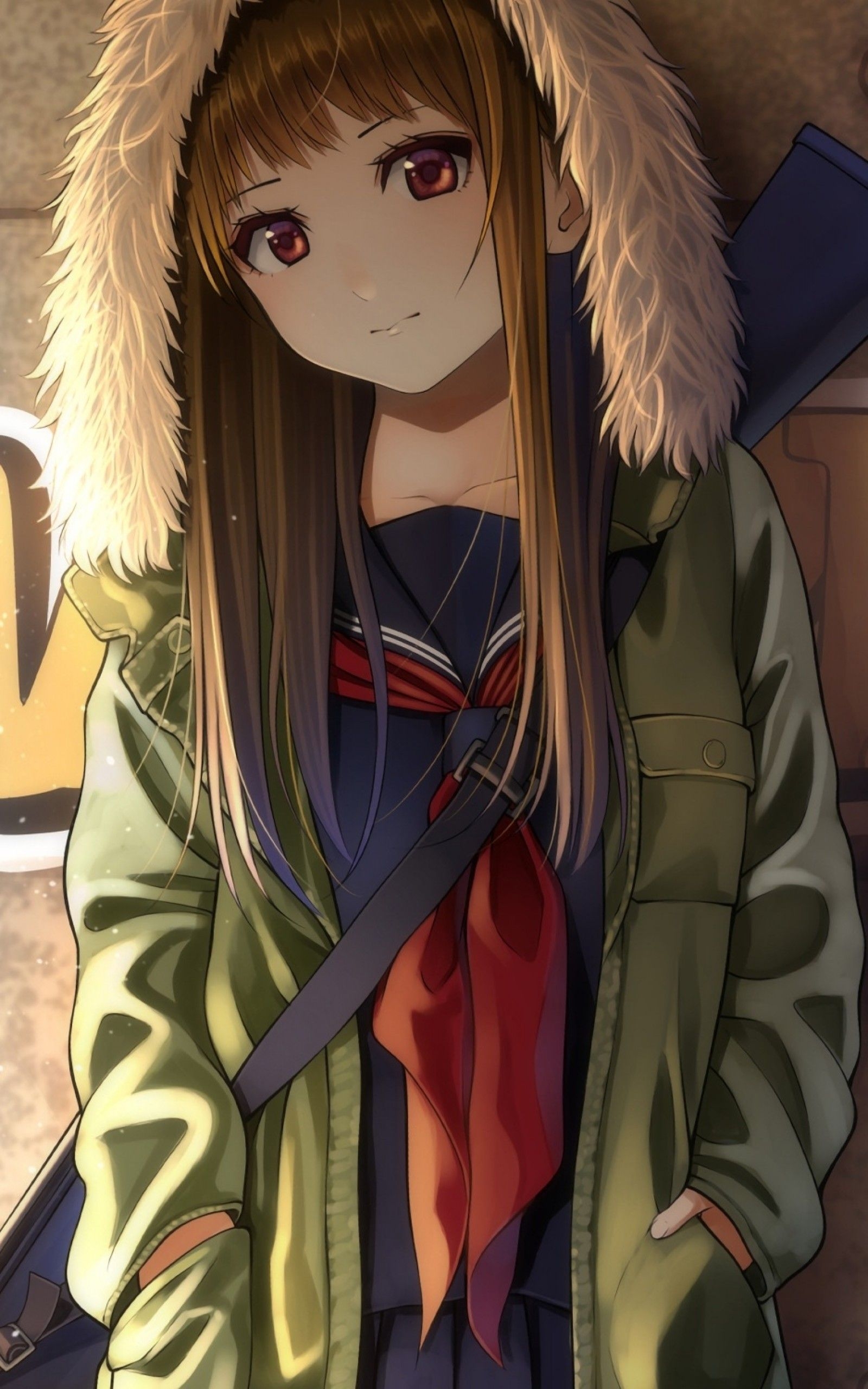 1600x2560 Download  Anime Girl, Hood, School Uniform, Long Hair, Phone