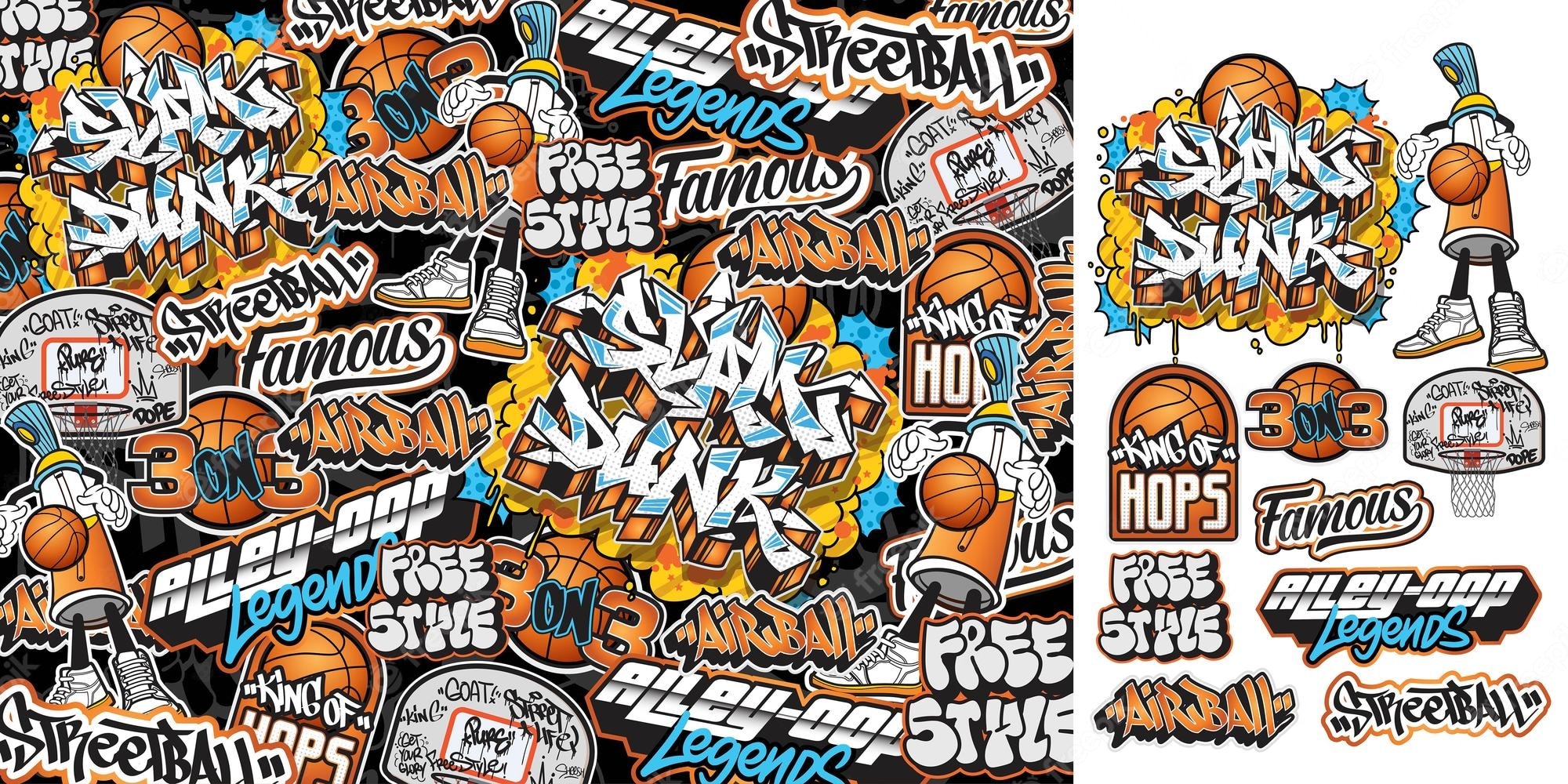 2000x1000 Premium Vector. A set of colorful sticker art designs of the street basketball illustrations in graffiti style, Dual Screen