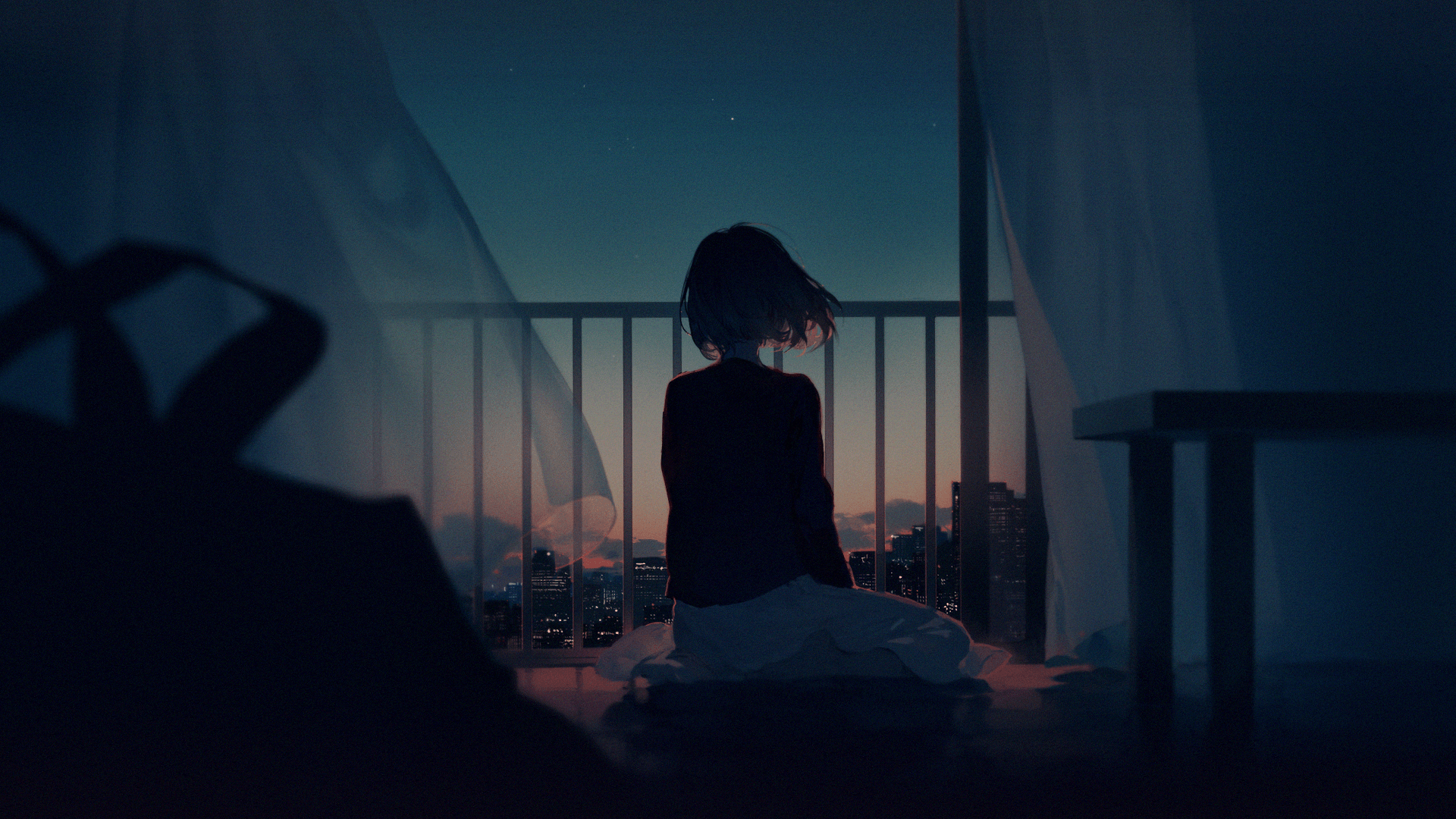 1920x1080 Anime Wallpaper  digital art, artwork, women, cityscape, balcony, short hair, bare. Wallpaper HD anime, Menina de anime chorando, Papel de parede menina, Desktop