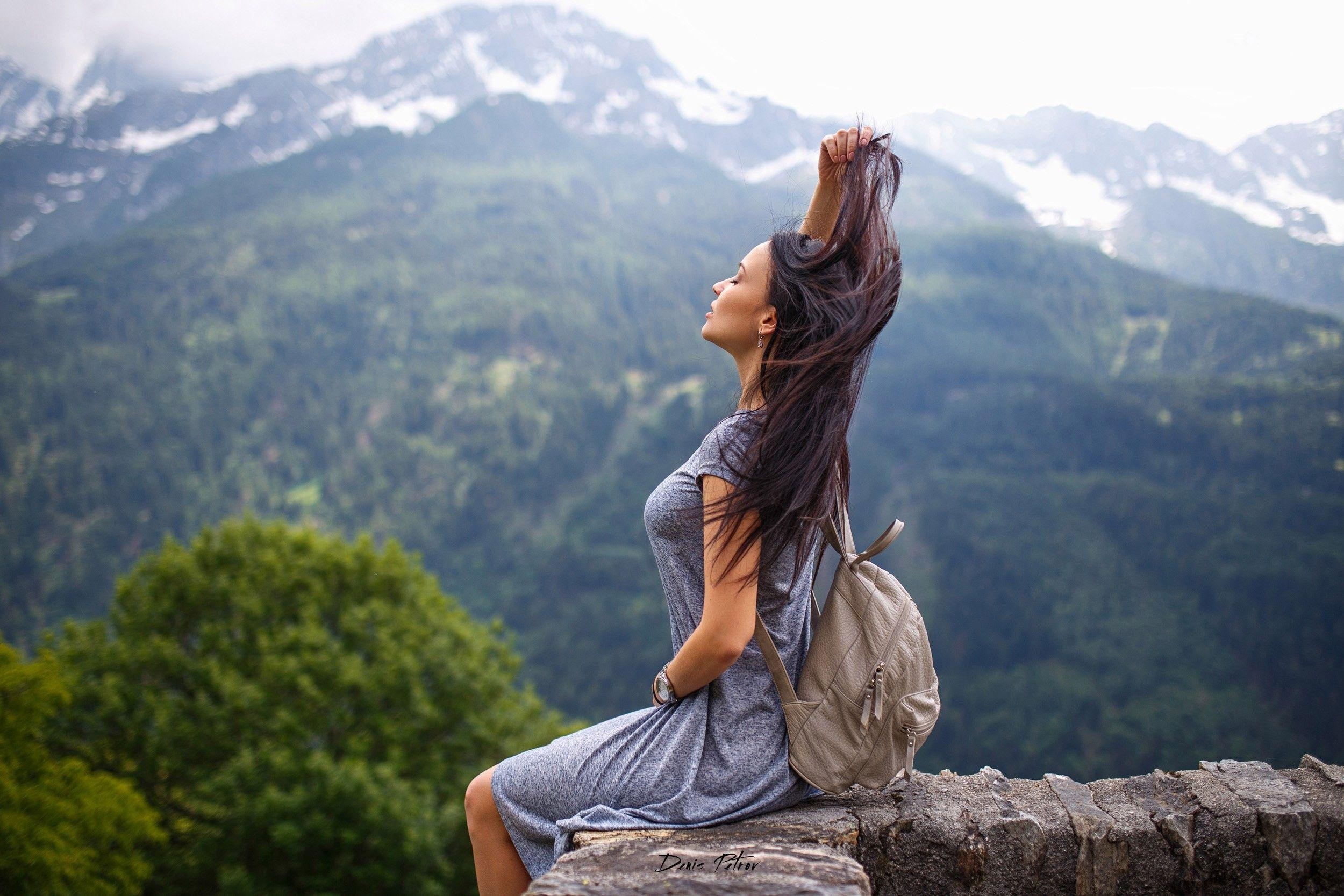 2500x1670 Beautiful tourist girl with backpack at mountains Full HD Wallpaper, Desktop