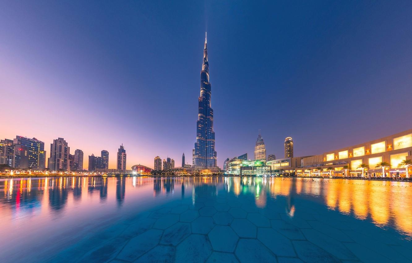 1340x850 Wallpaper water, reflection, building, Dubai, night city, Dubai, Desktop