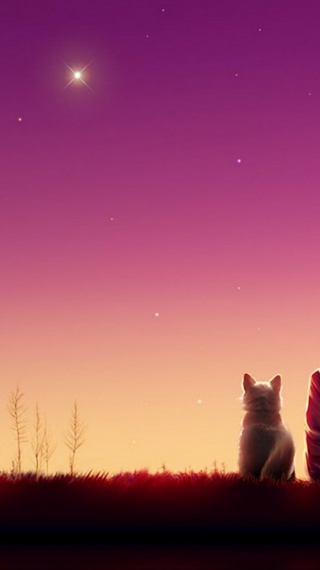 1080x1920 Anime girl watches the sunset with her cat HD Wallpaper, Phone