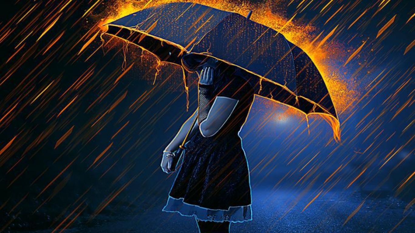 1370x770 Free download Anime Women Woman Girl Umbrella Fire Rain Wallpaper, Desktop