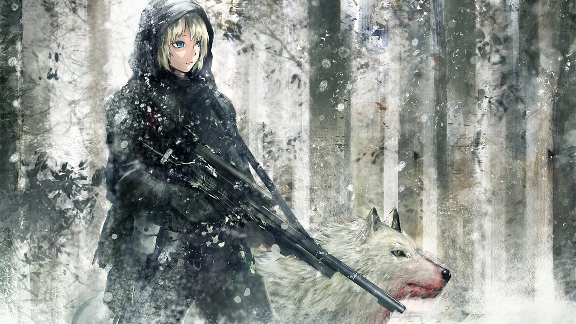 1920x1080 Blood, Winter, Wolf, Girl, Figure, Machine, Forest, Desktop