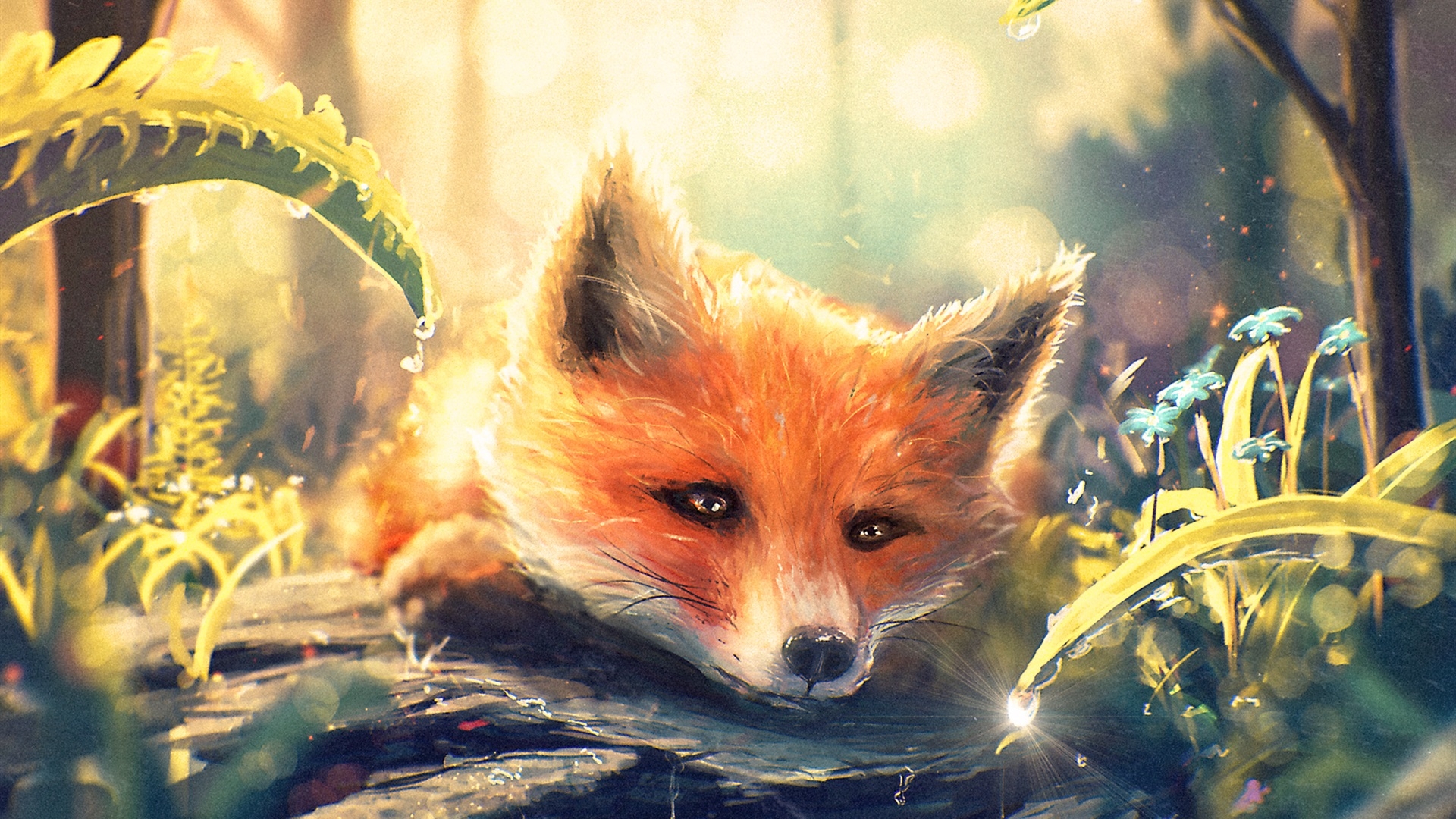 1920x1080 Wallpaper Art painting, fox in forest, water droplets, flowers 1920x1200 HD Picture, Image, Desktop