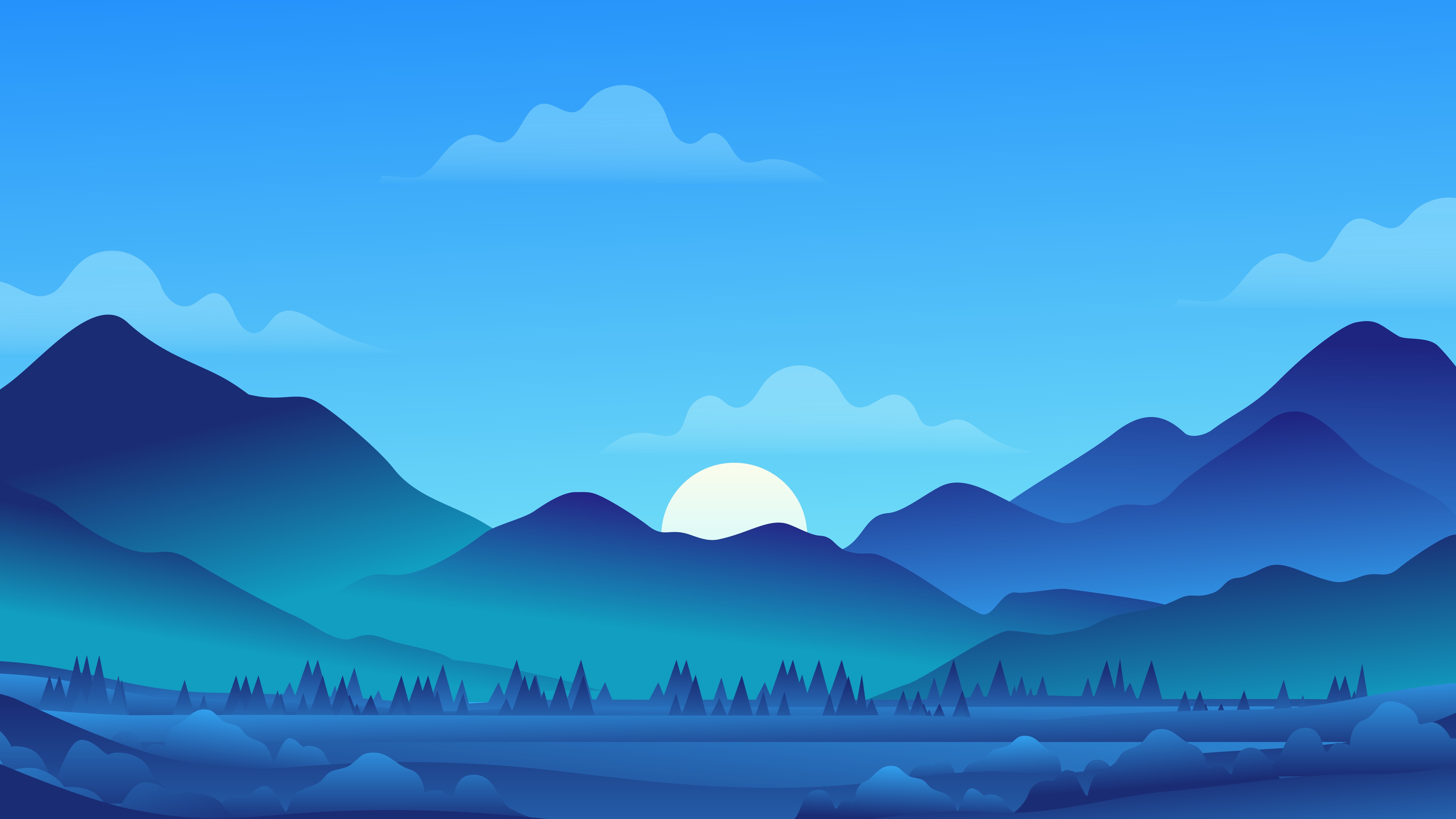 7680x4320 4K, clouds, CGI, digital art, Moon, artwork, vector, mountains, landscape, minimalism, nature, blue Gallery HD Wallpaper, Desktop