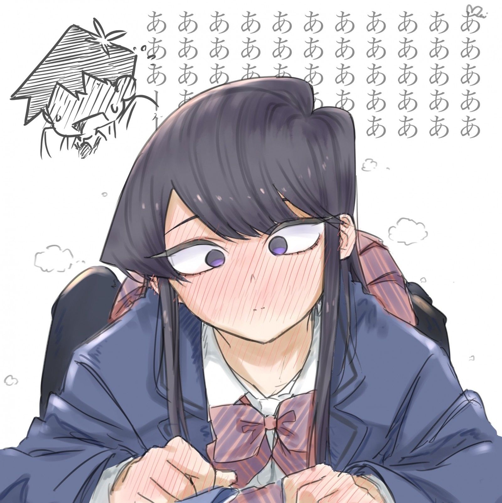 1600x1610 Wallpaper, Komi san wa Comyushou desu, anime girls, manga sketch, school uniform, JK, blushing, embarrassed, kanji, long hair, black hair, Komi Shouko, Hitohito Tadano, 2D, simple background, black eyes, mitsugu, fan, Phone