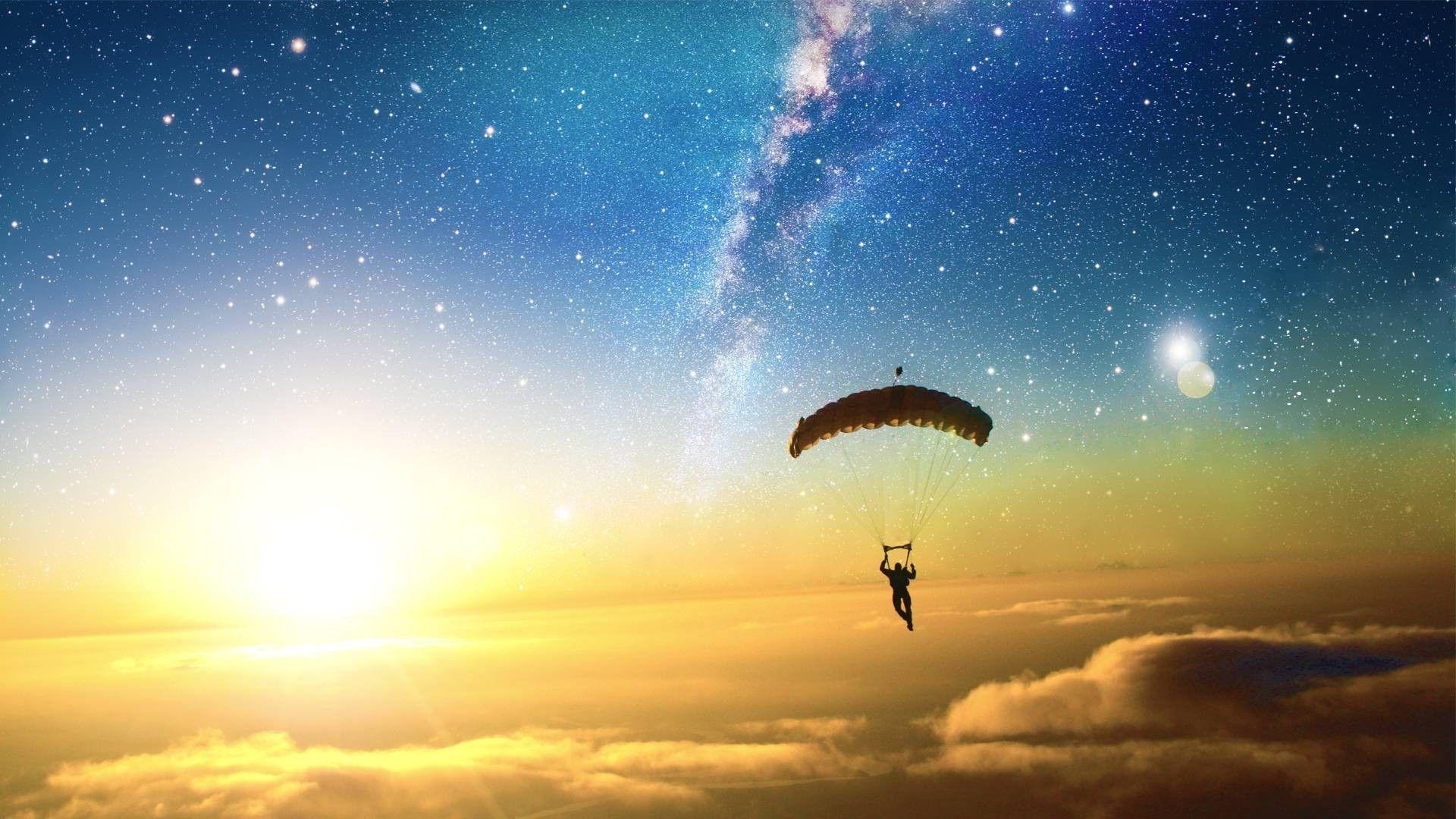 1920x1080 digital Art, Skydiving, Sun, Stars, Clouds, Liquicity, Parachutes, Desktop