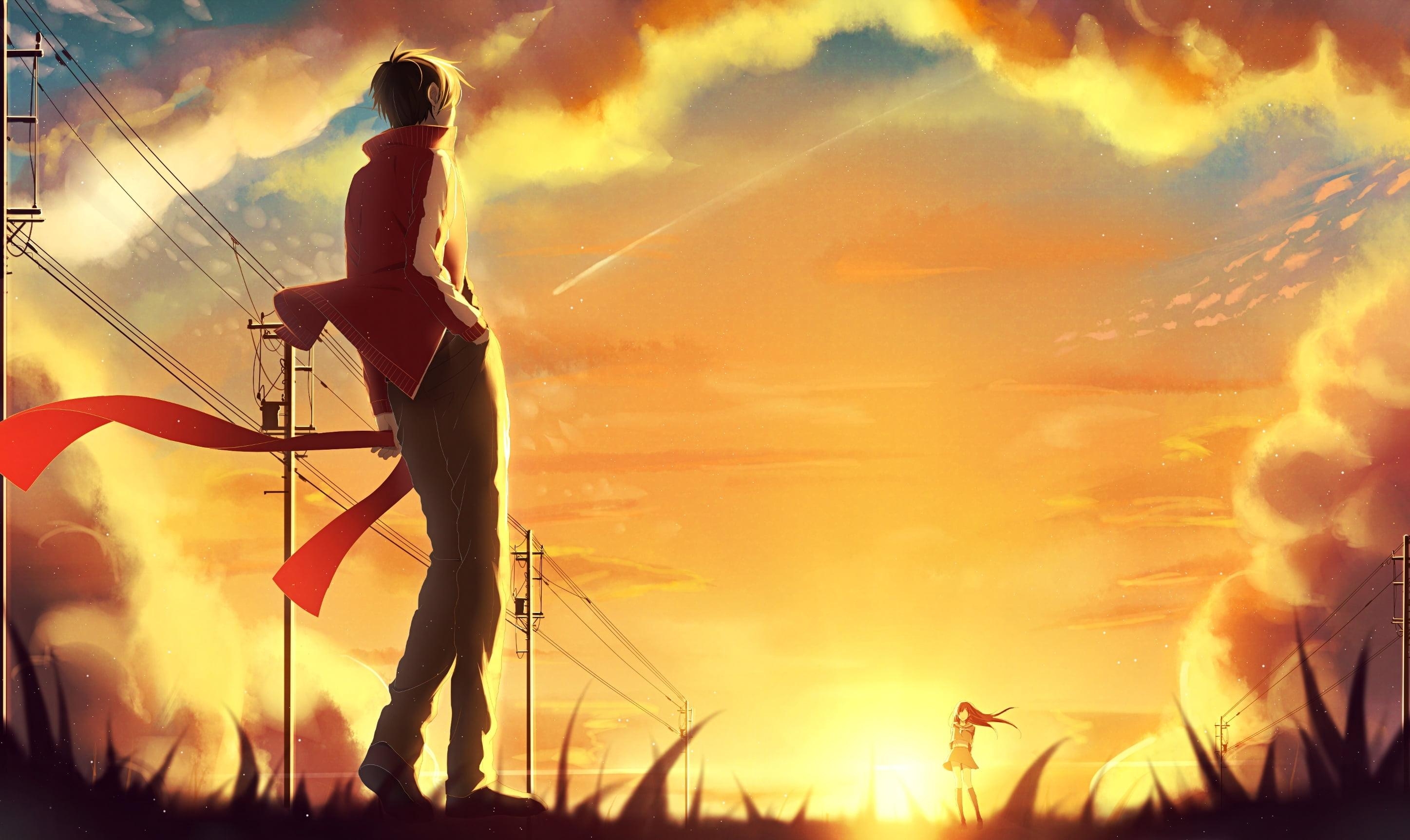 2900x1730 Boy and girl on sunset anime illustration HD wallpaper. Wallpaper, Desktop