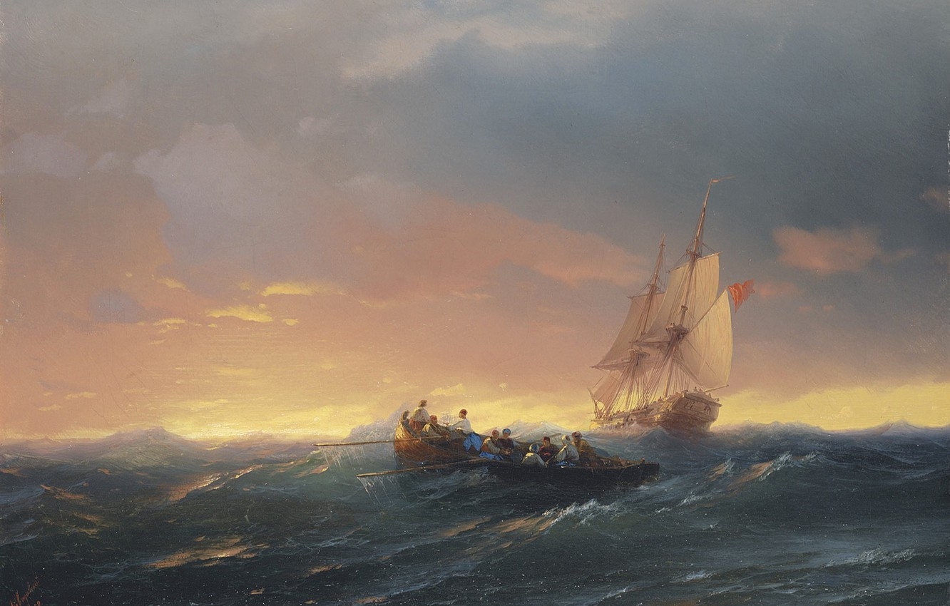 1340x850 Wallpaper sea, boat, picture, seascape, Ivan Aivazovsky, Ships on the Waves at Sunset image for desktop, section живопись, Desktop