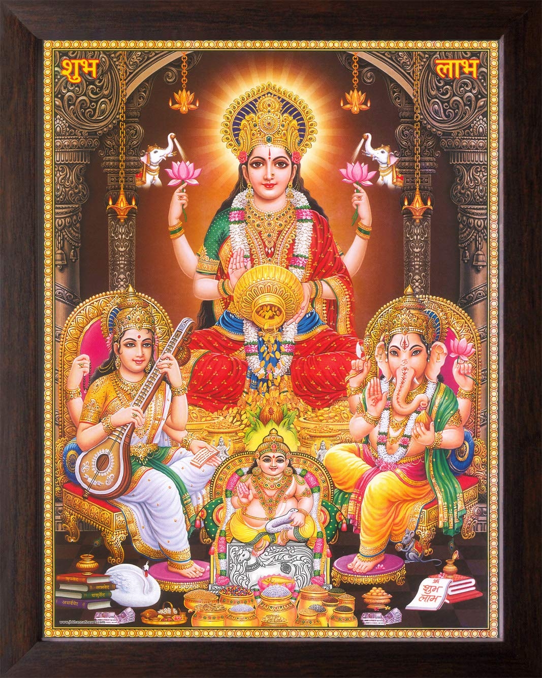 1070x1340 Art n Store: Lord Kuber with Goddess Lakshmi, Saraswati & Lord Ganesh, HD Printed Religious & Decor Picture with Brown Frame (30 X 23.5 X 1.5 cm_ Brown Wood): Amazon.in: Home & Kitchen, Phone