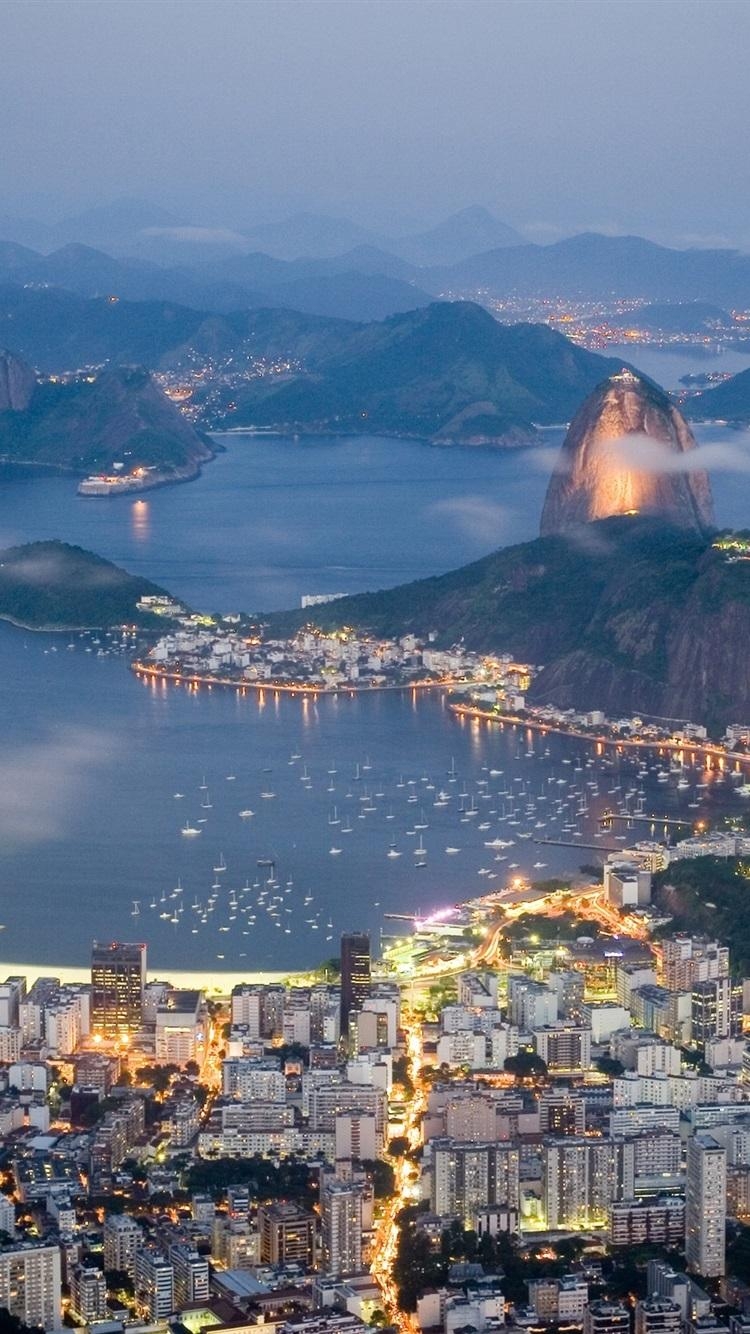 750x1340 Wallpaper Brazil, Rio de Janeiro, evening, sea, lights, coast, Phone