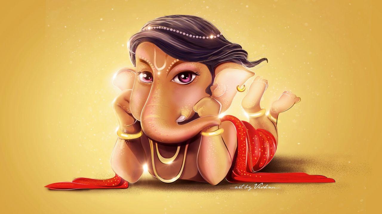 1280x720 Wallpaper Lord Ganesha, Cute, Digital art, HD, 4K, Creative, Desktop