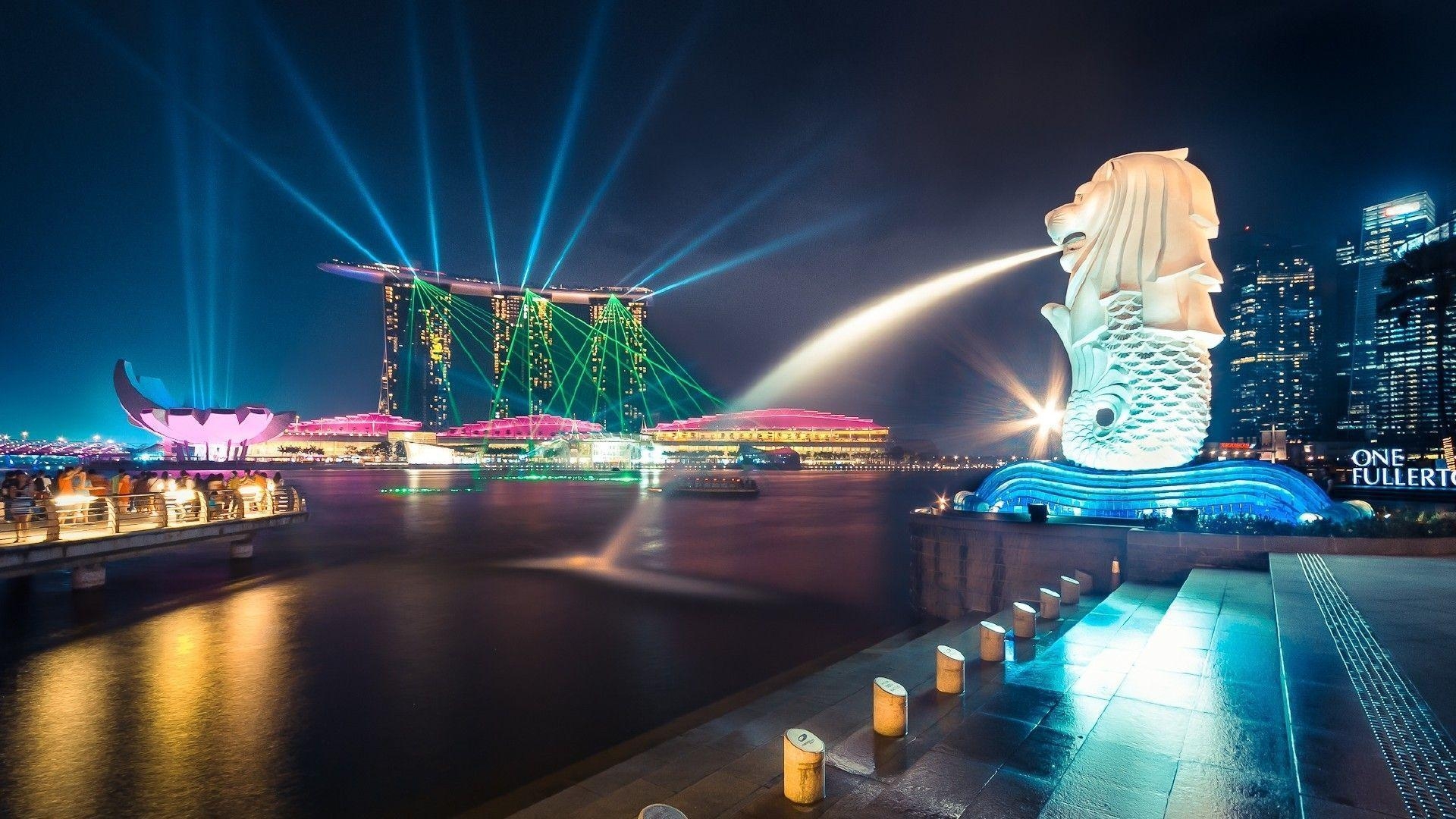 1920x1080 High Resolution Singapore Merlion at Night Wallpaper Full Size, Desktop