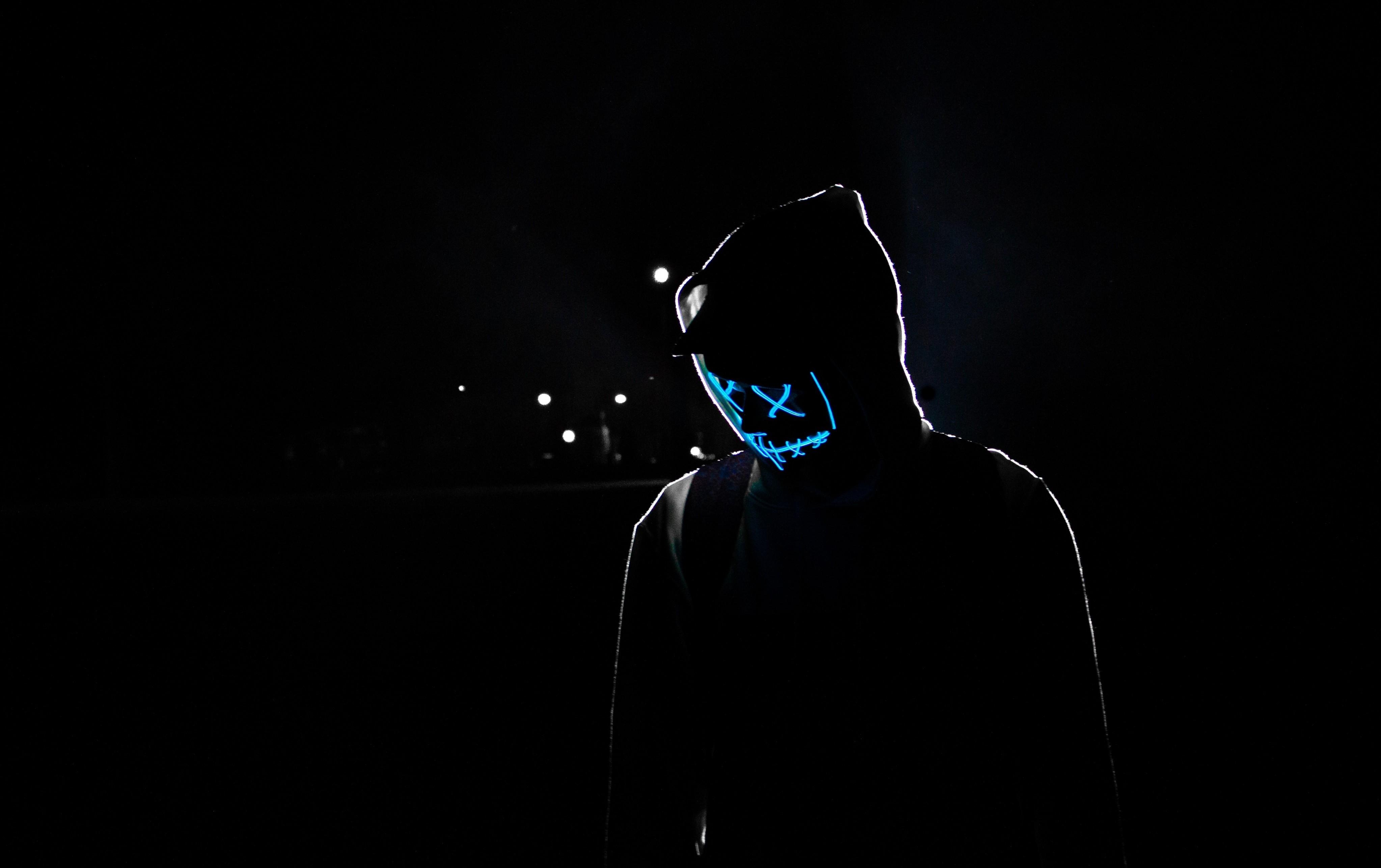 4100x2580 Download  Hoodie, Creepy Neon Mask, Dark Wallpaper, Desktop