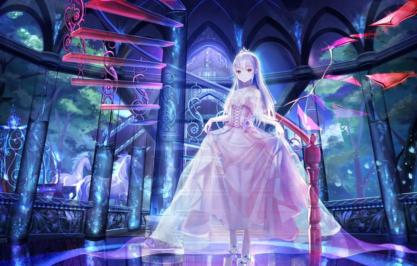 1340x850 Wallpaper girl, anime, horse, art, ladder, Princess, red flowers, Desktop