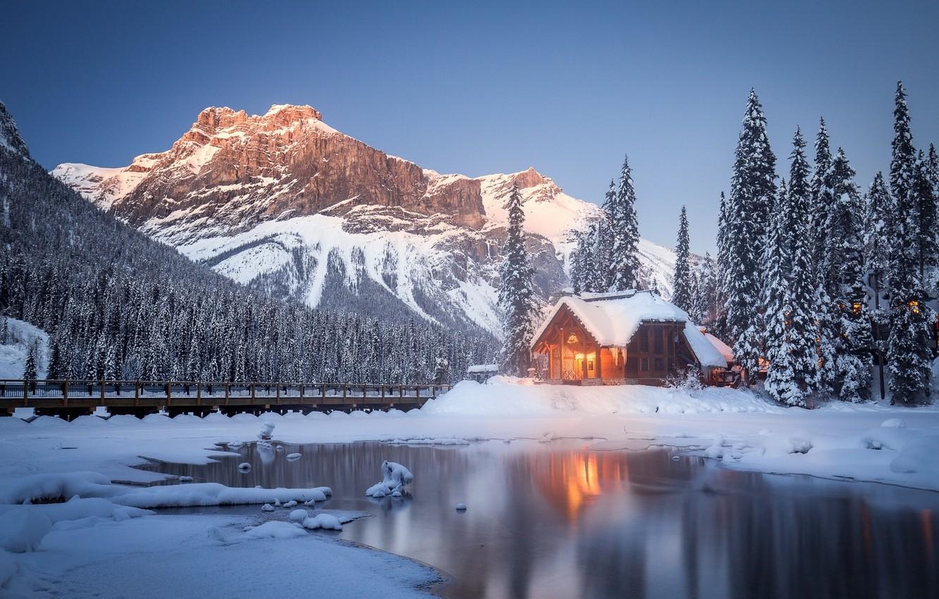 1340x850 Wallpaper winter, snow, trees, mountains, lake, Canada, house, Desktop