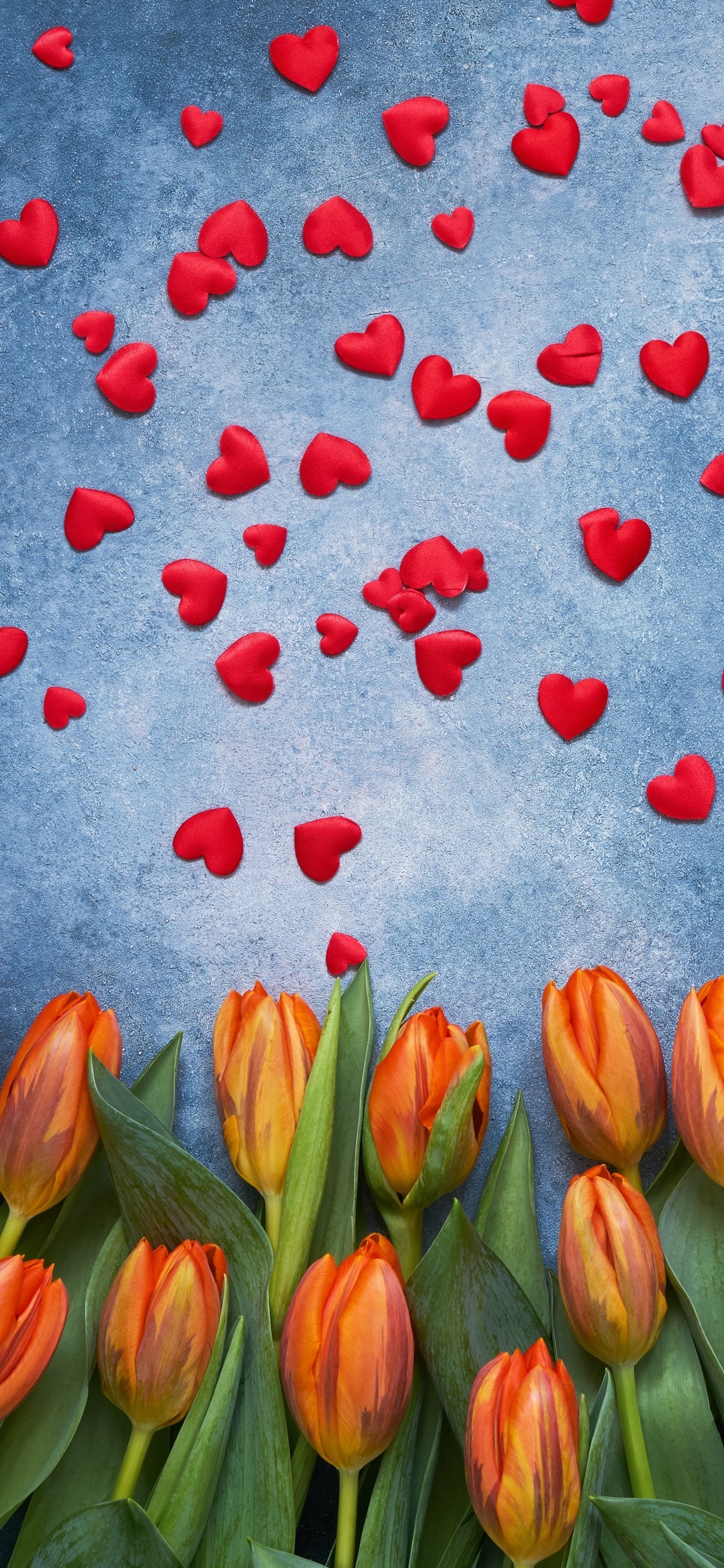 1250x2690 Wallpaper Orange tulips and many red love hearts 5120x2880 UHD 5K Picture, Image, Phone