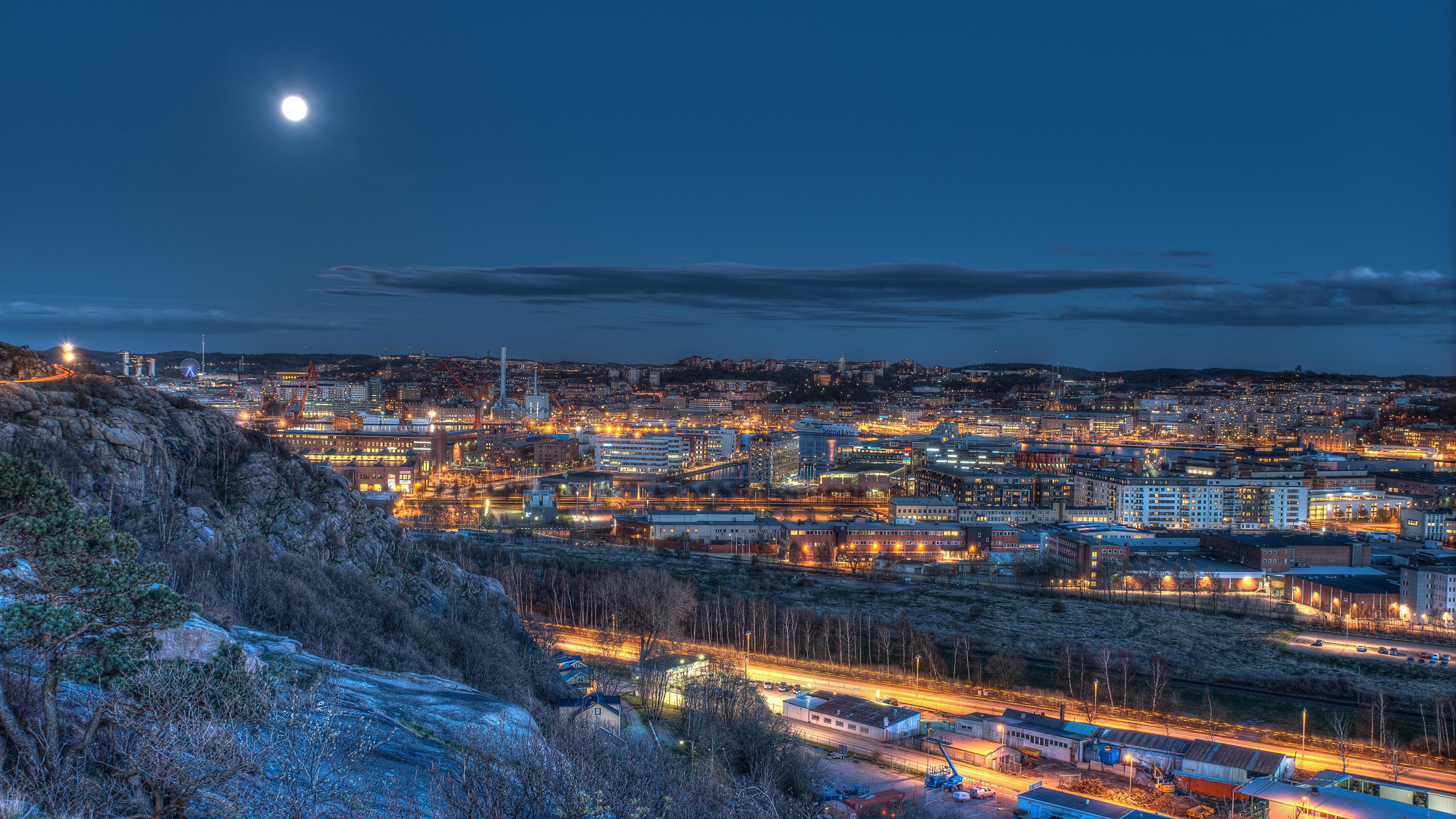 3840x2160 Photo Sweden Gothenburg Moon night time Cities Building, Desktop