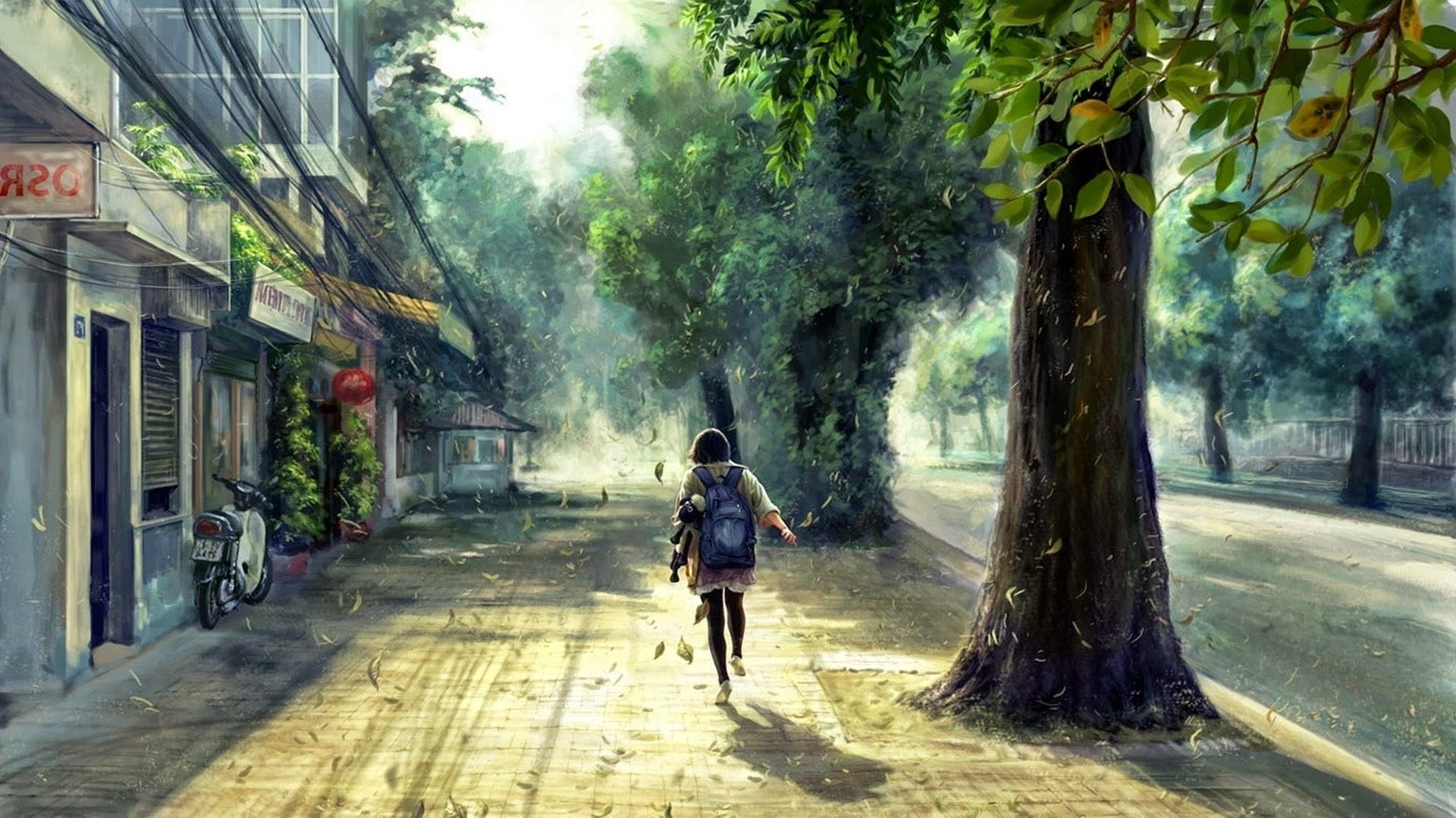 1920x1080 concept Art, Anime, Street, Trees, Spring, Sunlight Wallpaper HD, Desktop