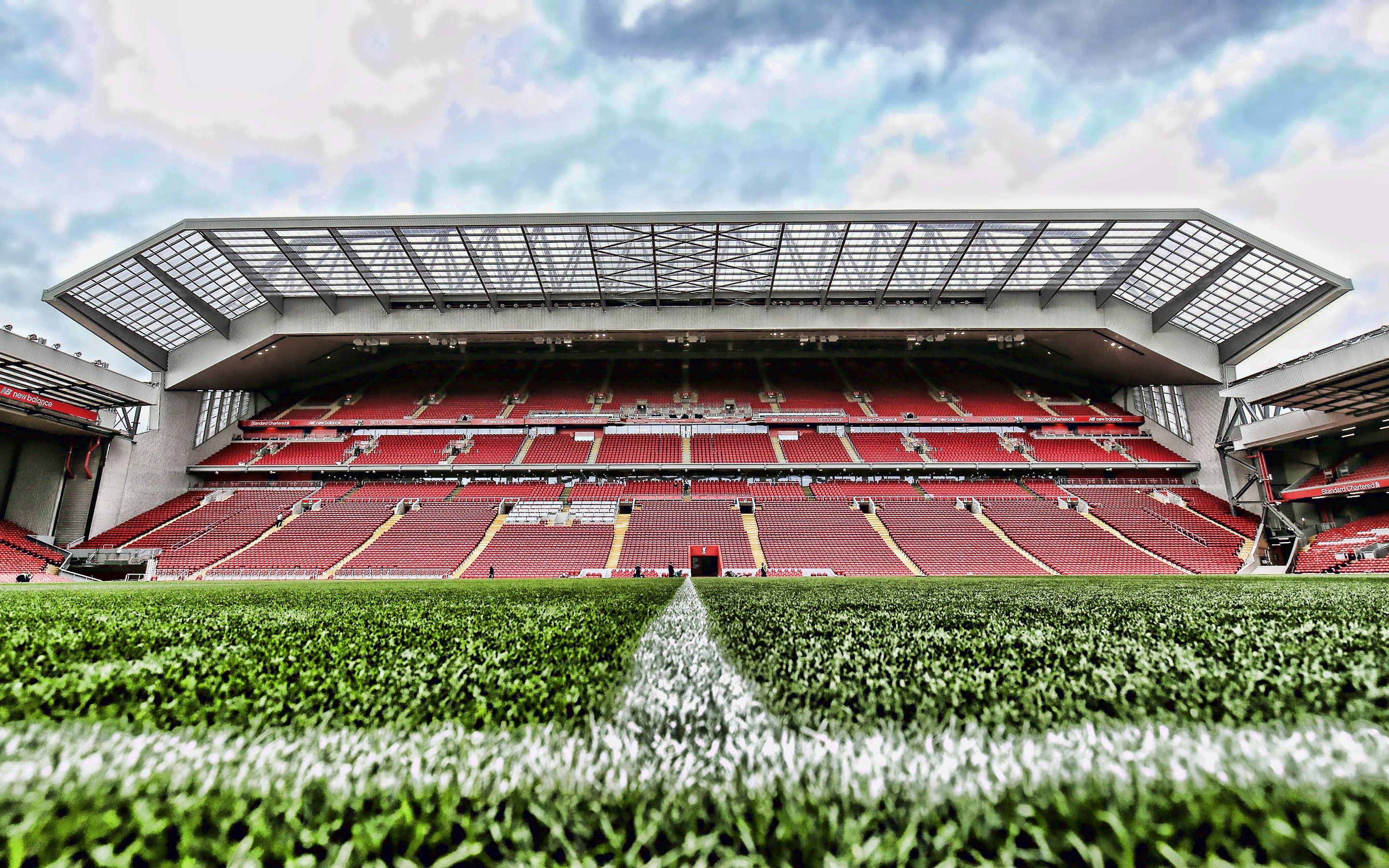 2880x1800 Download wallpaper Liverpool stadium, Anfield, empty stadium, England, HDR, soccer, Liverpool, football stadiums, Anfield Road, Liverpool FC for desktop with resolution. High Quality HD picture wallpaper, Desktop