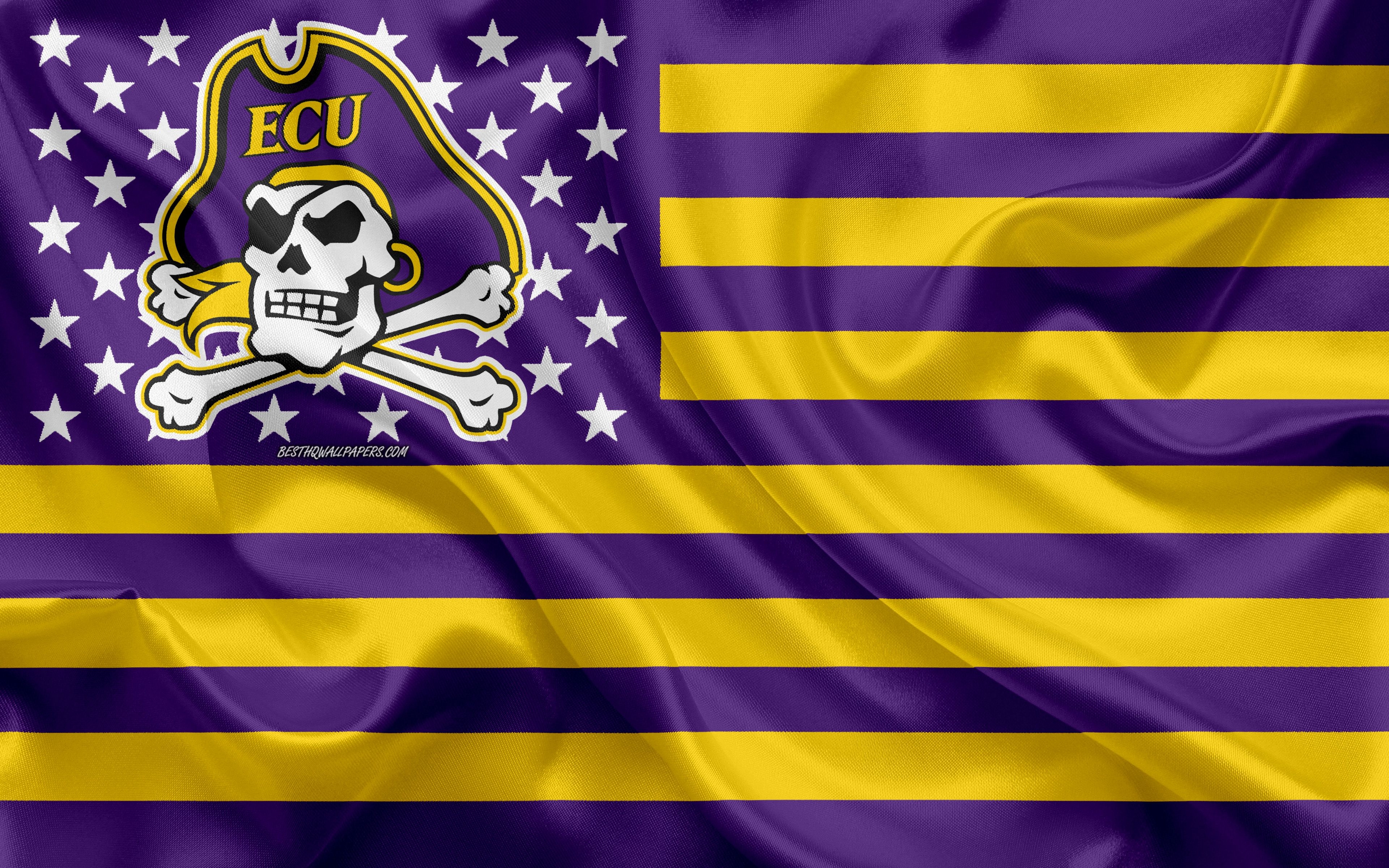 3840x2400 Download wallpaper East Carolina Pirates, American football team, creative American flag, purple yellow flag, NCAA, Greenville, North Carolina, USA, East Carolina Pirates logo, emblem, silk flag, American football for desktop with resolution, Desktop