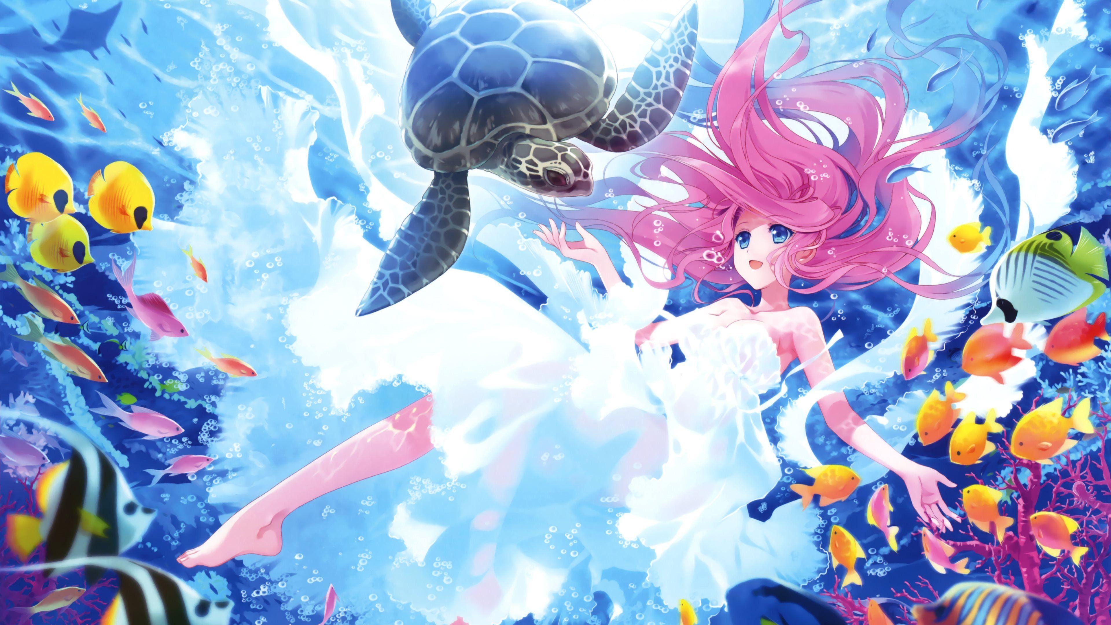 3840x2160 Download wallpaper Kawaii, 4k, underwater, mermaid, turtle, fish, Desktop