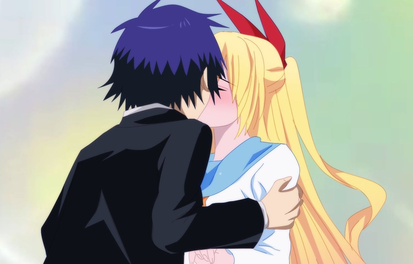 1340x850 Wallpaper girl, romance, kiss, anime, art, guy, two, Nisekoi, Feigned love image for desktop, section сёдзё, Desktop