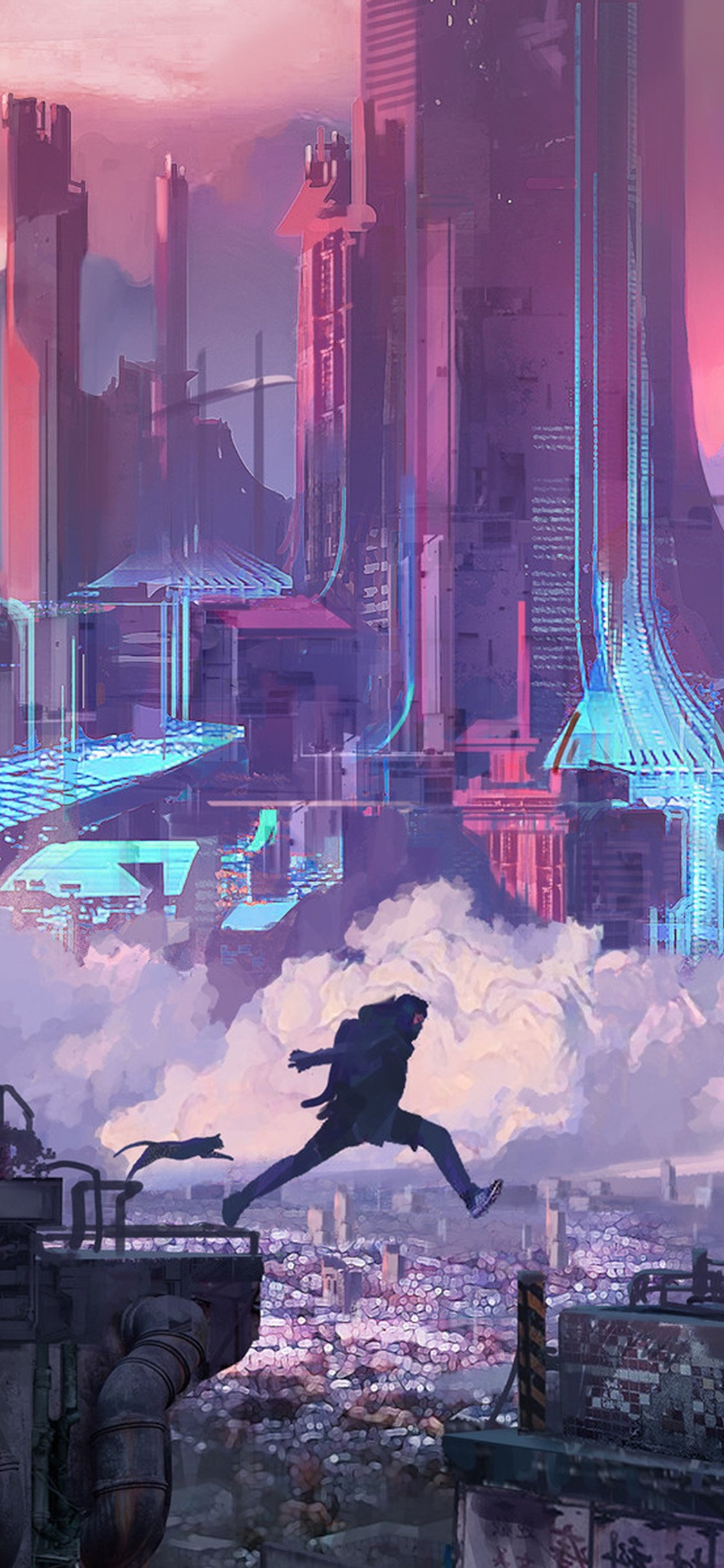 1130x2440 art anime future run jump, Phone