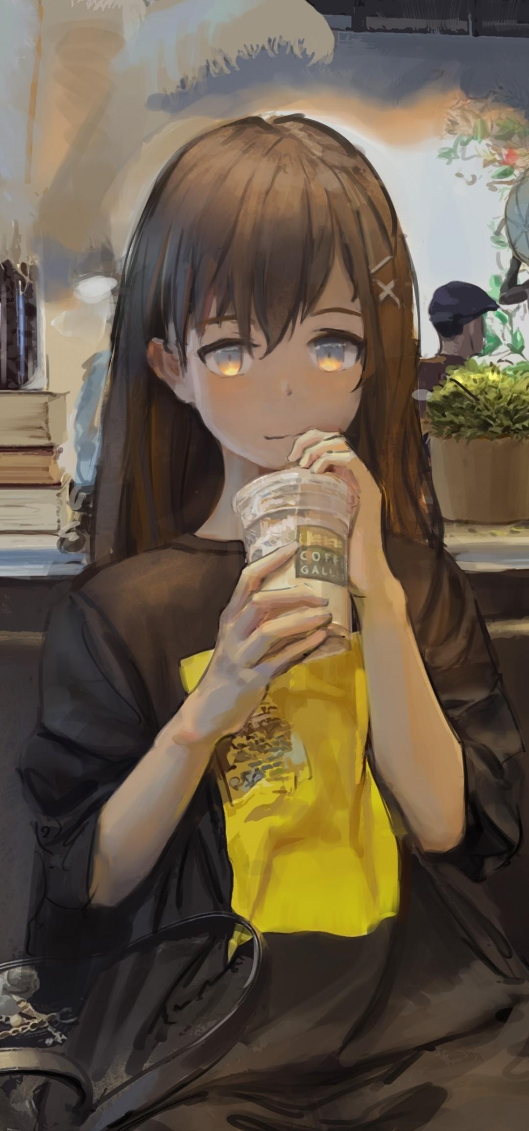 1080x2310 Cute Anime Girls Drinking Coffee Wallpaper, Phone