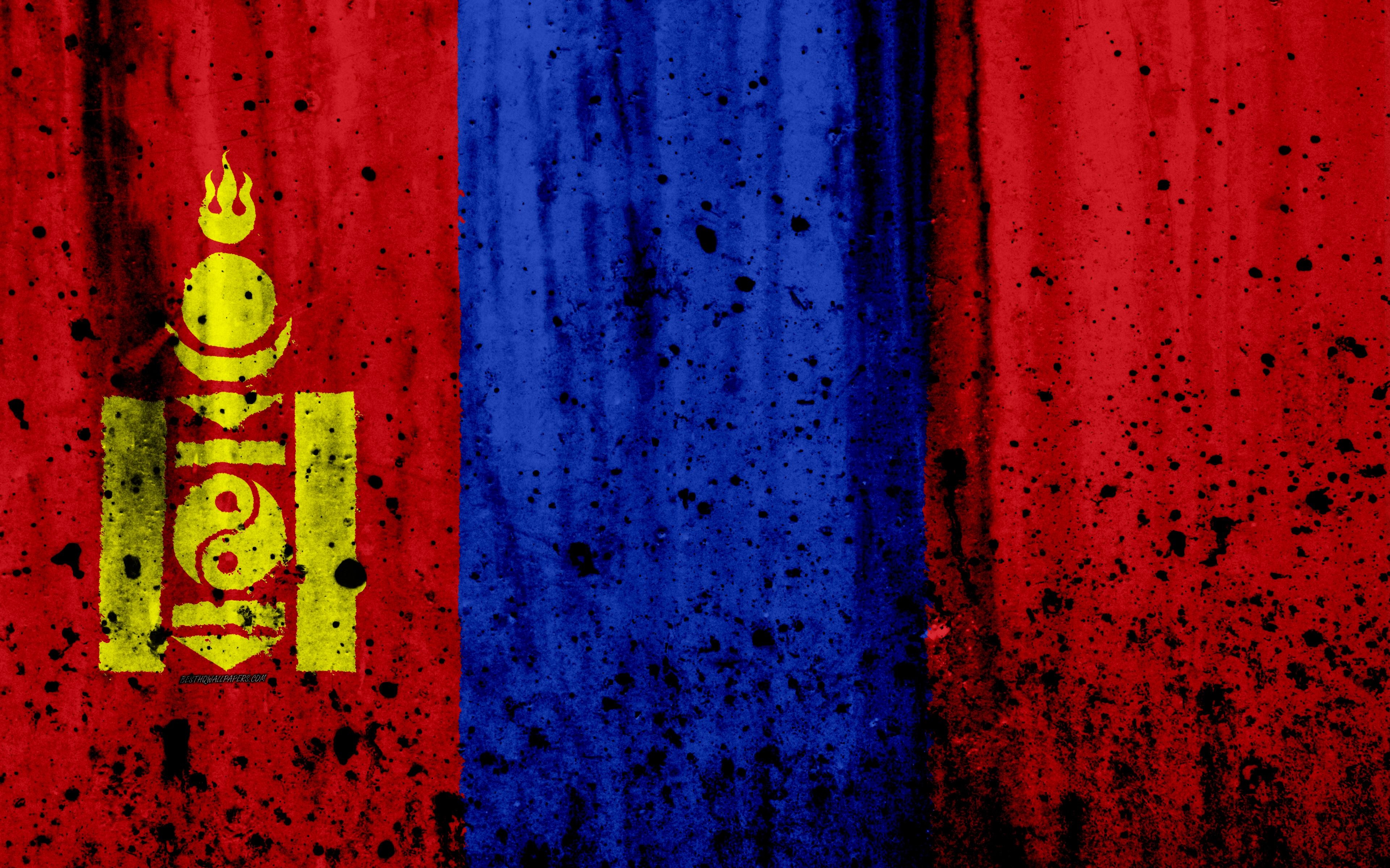 3840x2400 Download wallpaper Mongolian flag, 4k, grunge, Asia, flag, Desktop