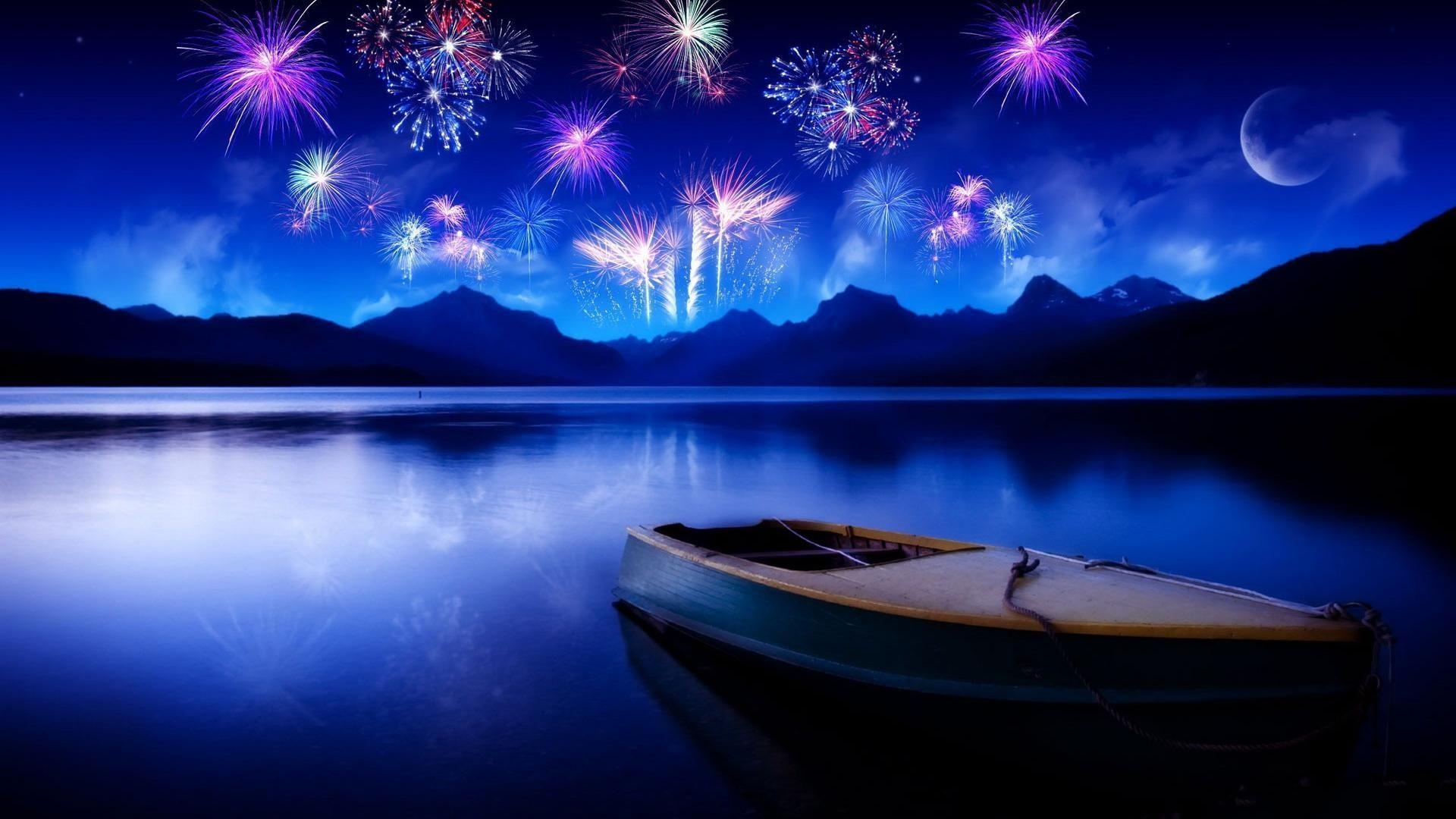 1920x1080 Cool Bright Twilight Fireworks Lake Desktop Background, Desktop