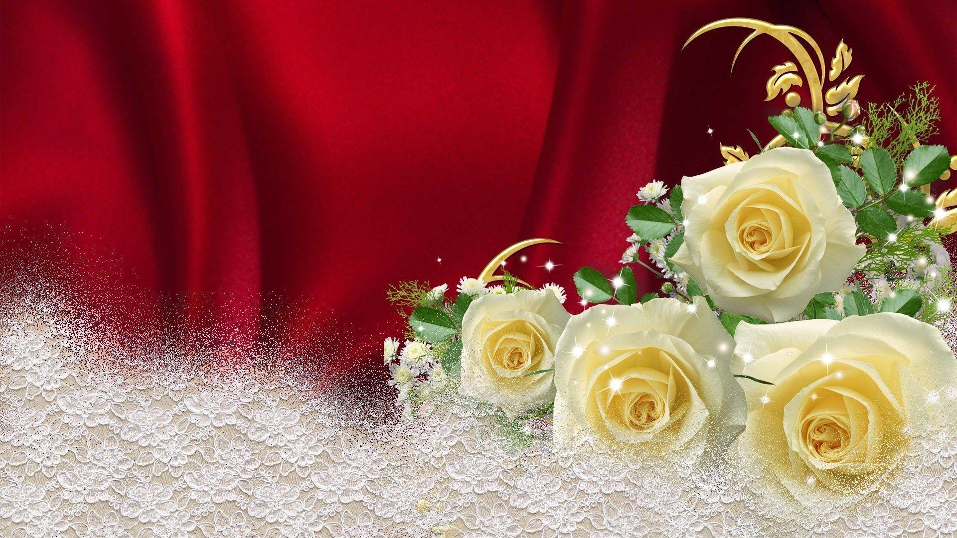 1920x1080 HD Yellow Roses On Red Satin Wallpaper, Desktop