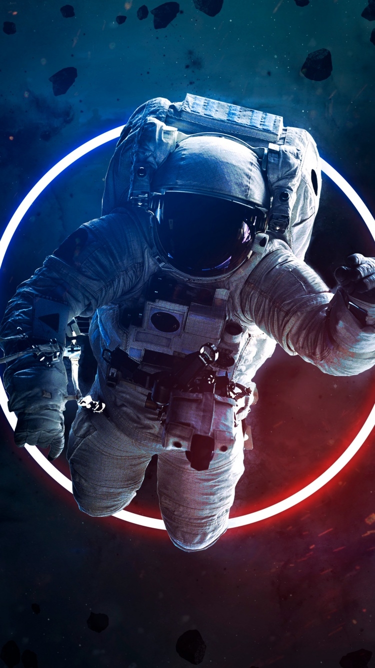 750x1340 Astronaut Wallpaper 4K, Asteroids, Space suit, Neon light, Space Travel, Space, Phone