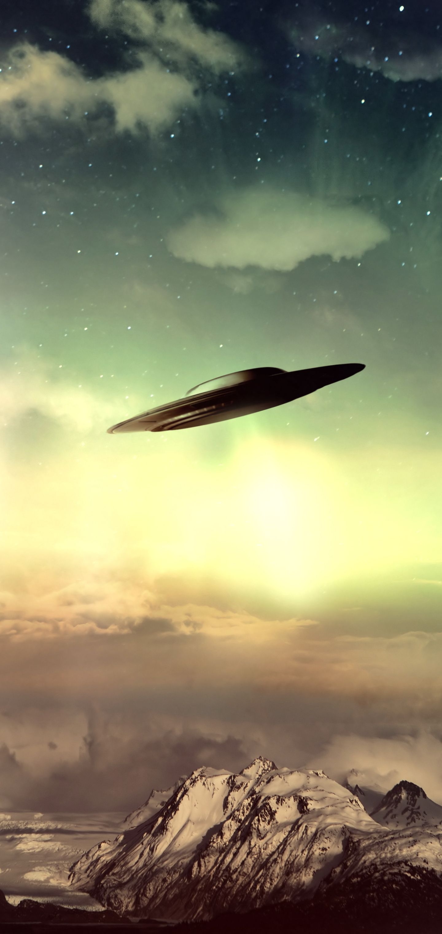 1440x3040 UFO in surreal sky, Phone