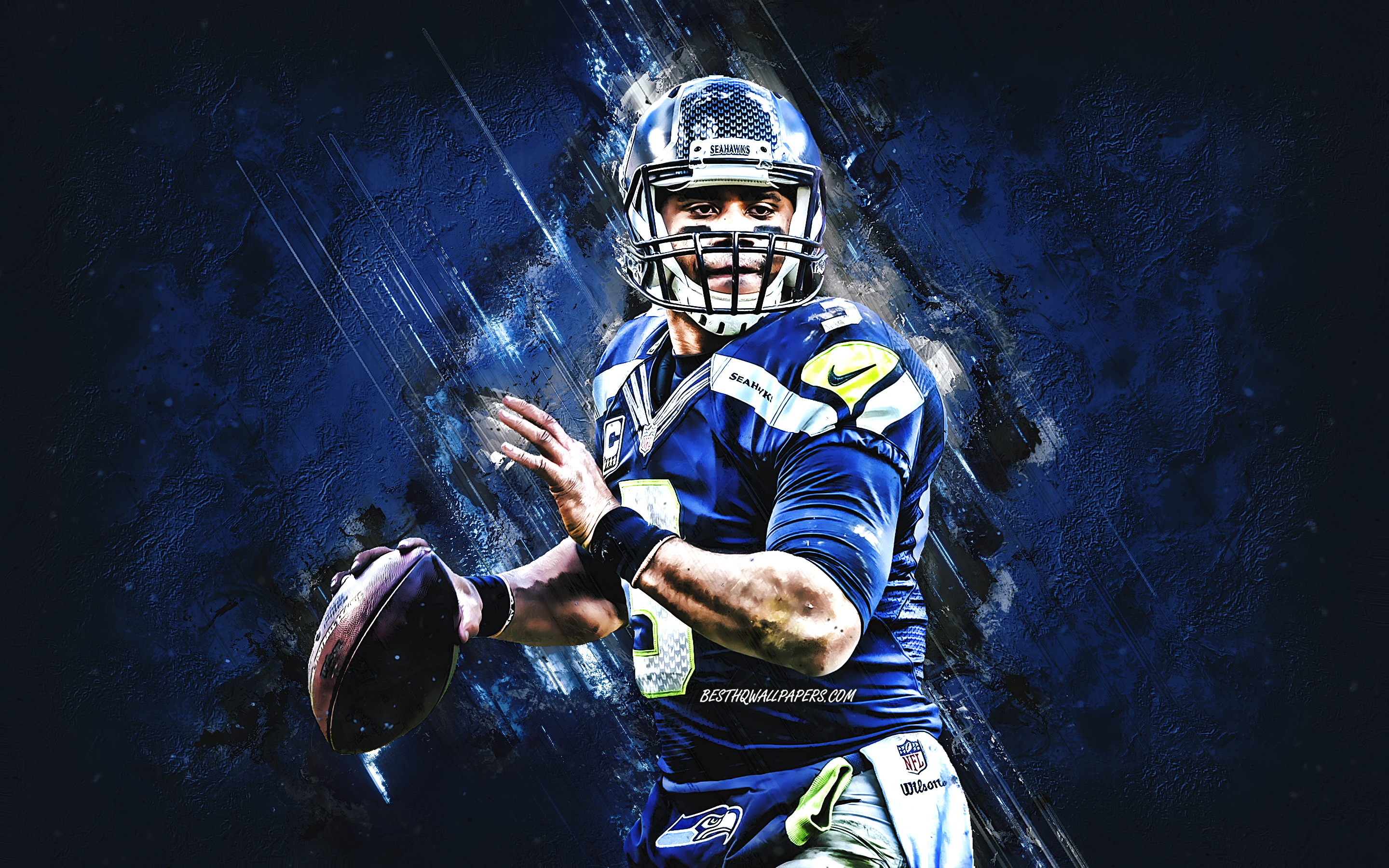 2880x1800 Download wallpaper Russell Wilson, Seattle Seahawks, NFL, American football, quarterback, portrait, blue stone background, National Football League, USA for desktop with resolution. High Quality HD picture wallpaper, Desktop