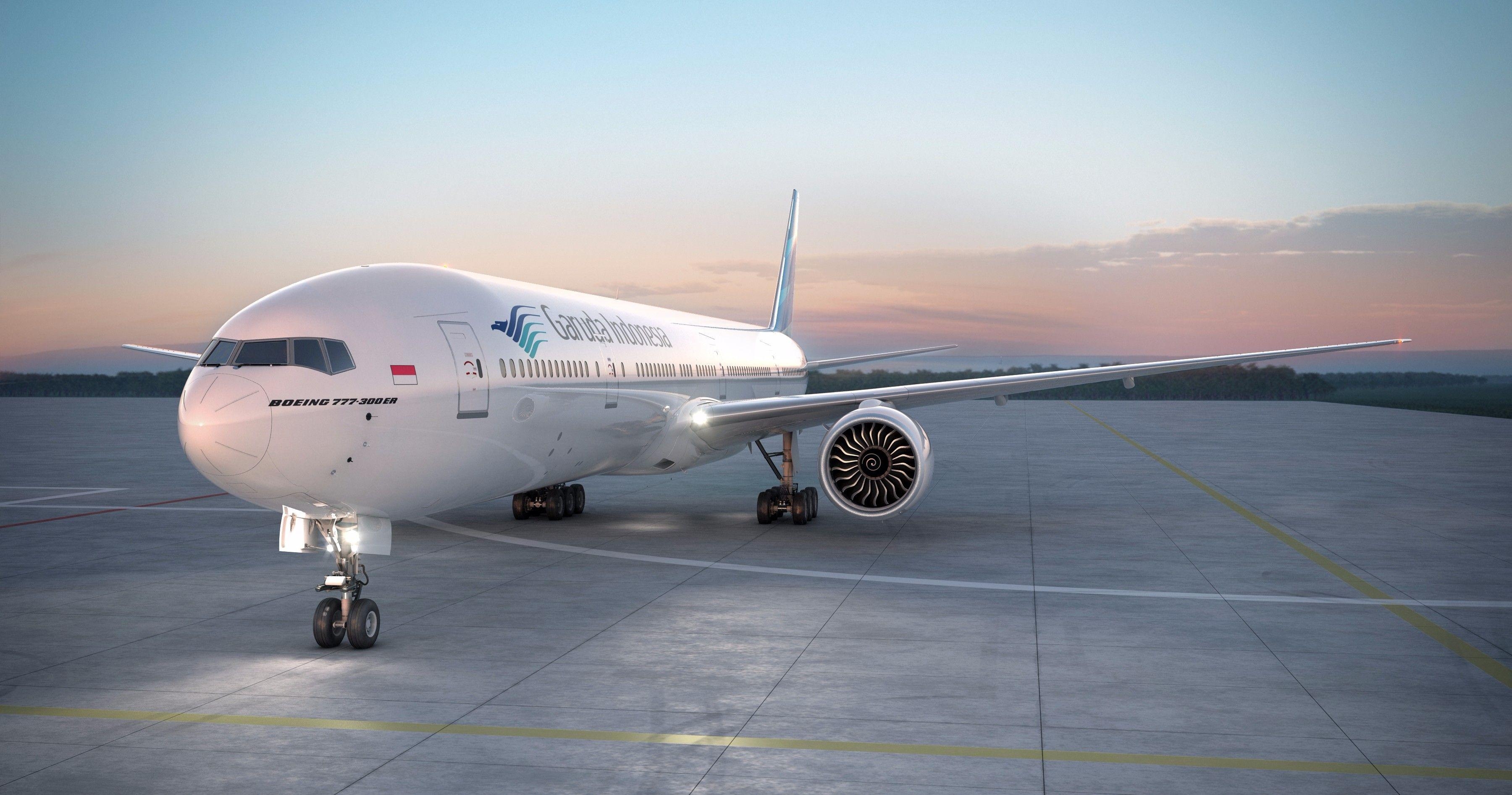 3600x1900 Garuda Indonesia Boeing 777 300ER Behind Sunrise Scene. Boeing, Desktop