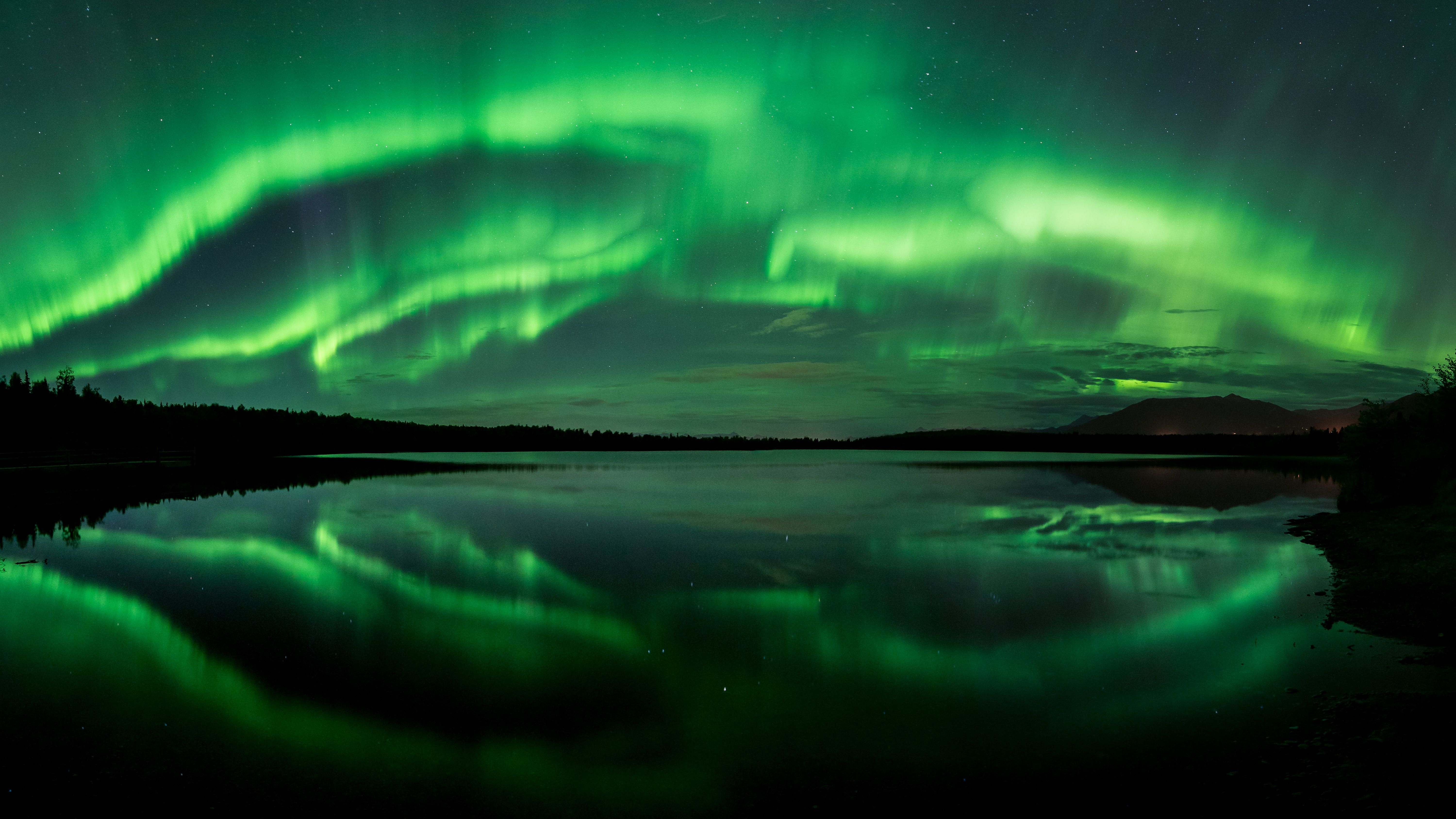 6000x3380 Wallpaper Aurora, Beach Lake, Northern Lights, Panorama, Alaska, 4K, Desktop